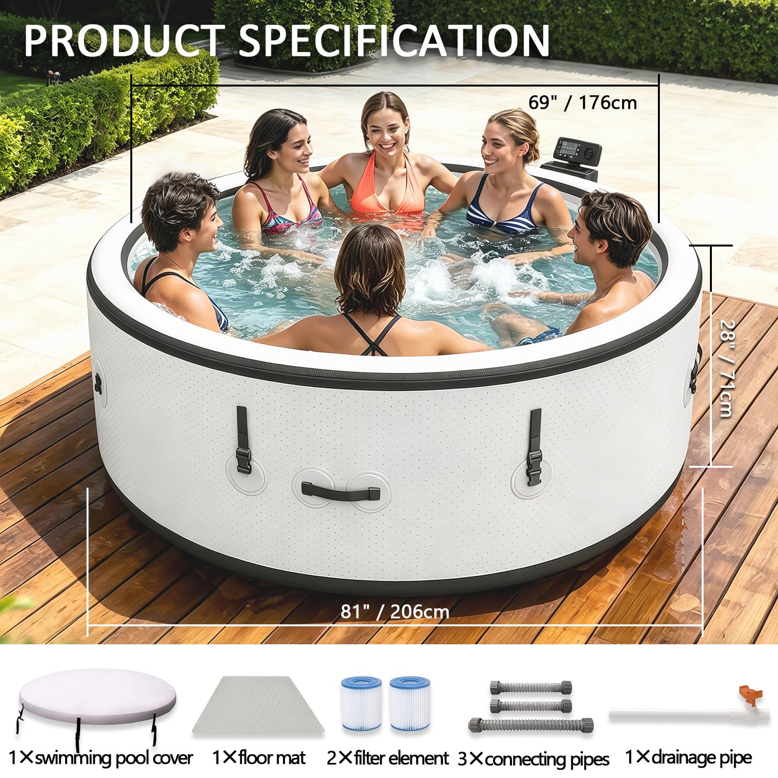 BANGBANGJI Spa Gonflable Rond pour Extérieur, 4-6 Personnes Économe en Énergie, Rond 206 x 71cm, Chauffage Rapide 104°F, avec 150 Bulles pour Terrasse Jardin Extérieur