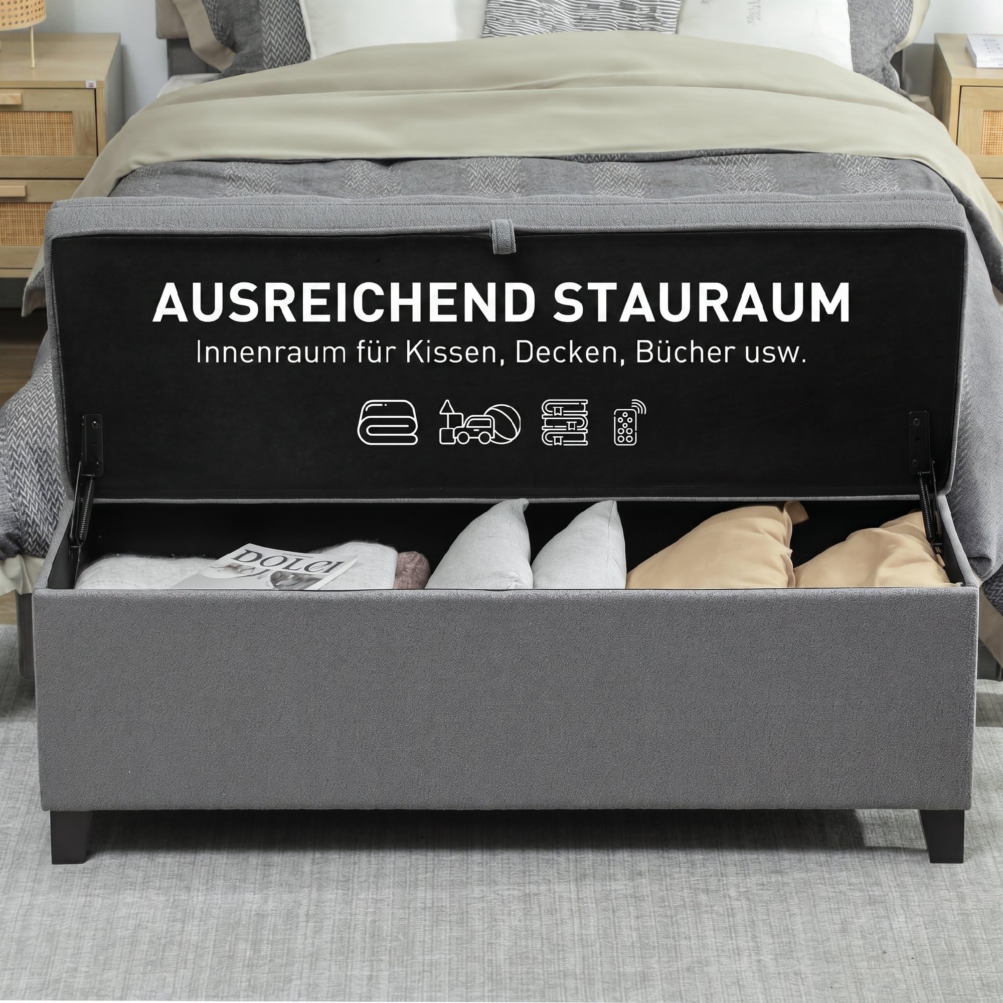 HOMCOM Sitzbank mit Stauraum Polsterbank bis 120kg 120x40x48 cm Dunkelgrau | Bank, Sicherheits-Scharnieren, Leinenoptik, für Wohnzimmer Schlafzimmer Flur