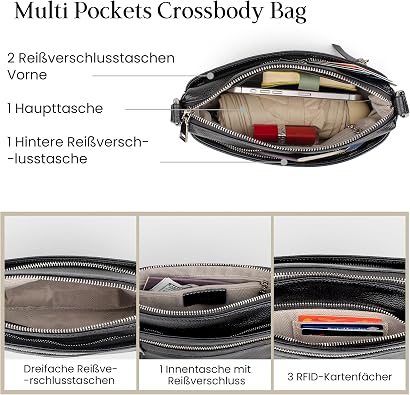 befen Echtleder Handtasche Damen Mittelgroß Crossbody Bag Leder RFID-Blockierung Handytasche zum Umhängen Moderne Kleine Umhängetasche Damen mit Verstellbar Schultergurt
