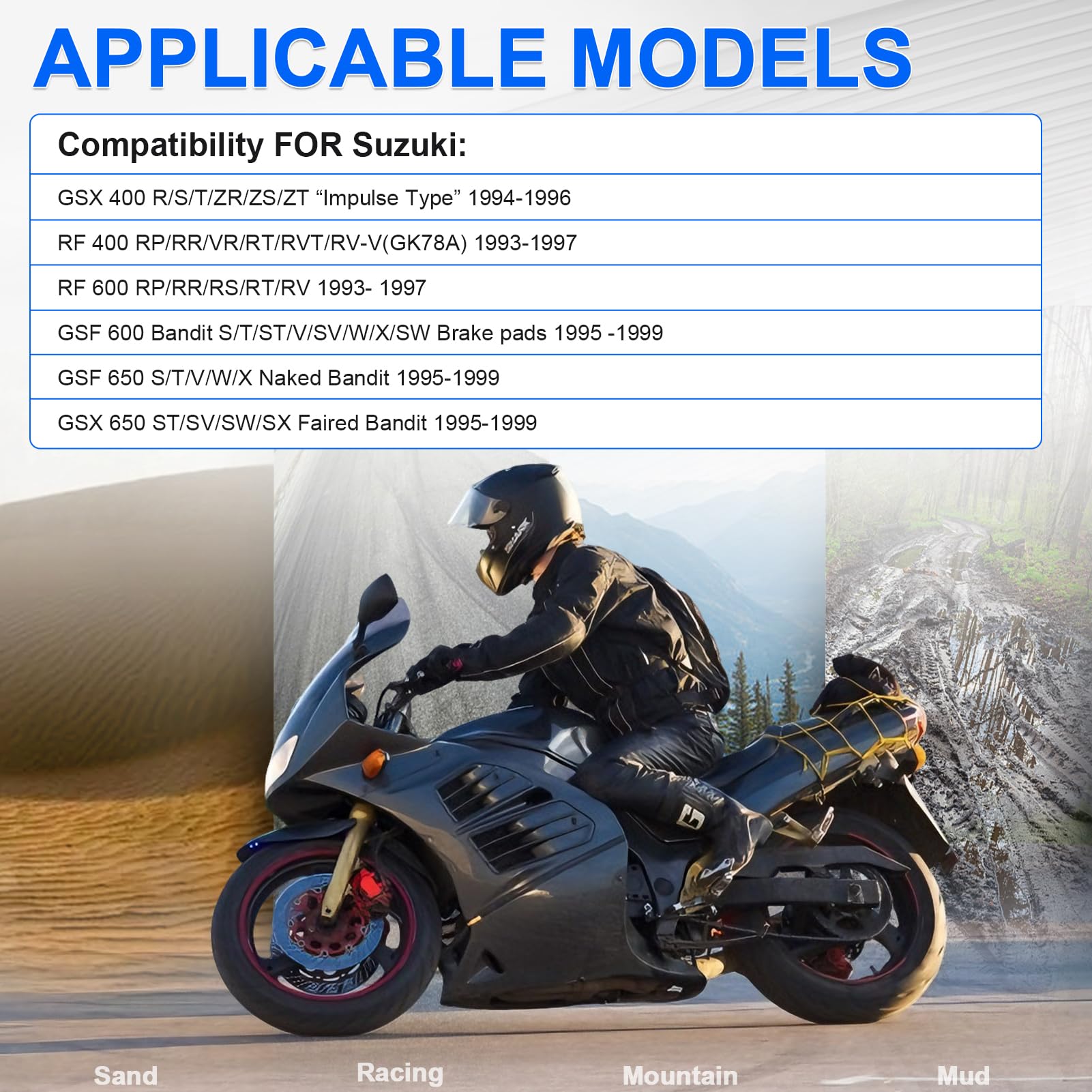 Bremsbeläge Vorne und Hinten für Suzuki GSF 600 BANDIT 1995-1999 / Suzuki GSX 400 R/S/T/ZR/ZS/ZT 1994-1996 / Suzuki GSX 650 ST/SV/SW/SX Faired Bandit 1995-1999 / GSF 650 S/T/V/W/X 1995-1999