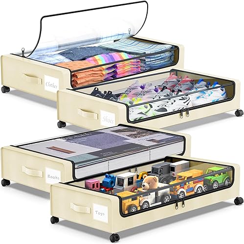 Almacenamiento debajo de la cama con ruedas, paquete de 4 contenedores de almacenamiento debajo de la cama con tapas transparentes, organizador de