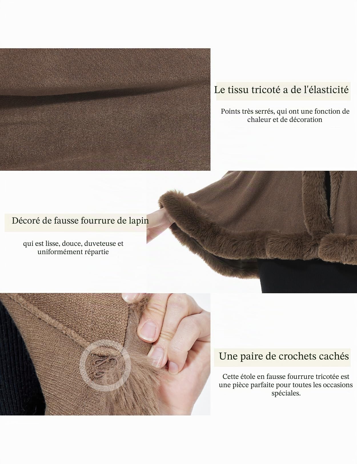 BEAUTELICATE Poncho Fourrure Châle Étole Cape à Capuche Tricoté Manteau avec Col de Fourrure Pour Femme Automne Hiver Mariage Soirée Gala S99
