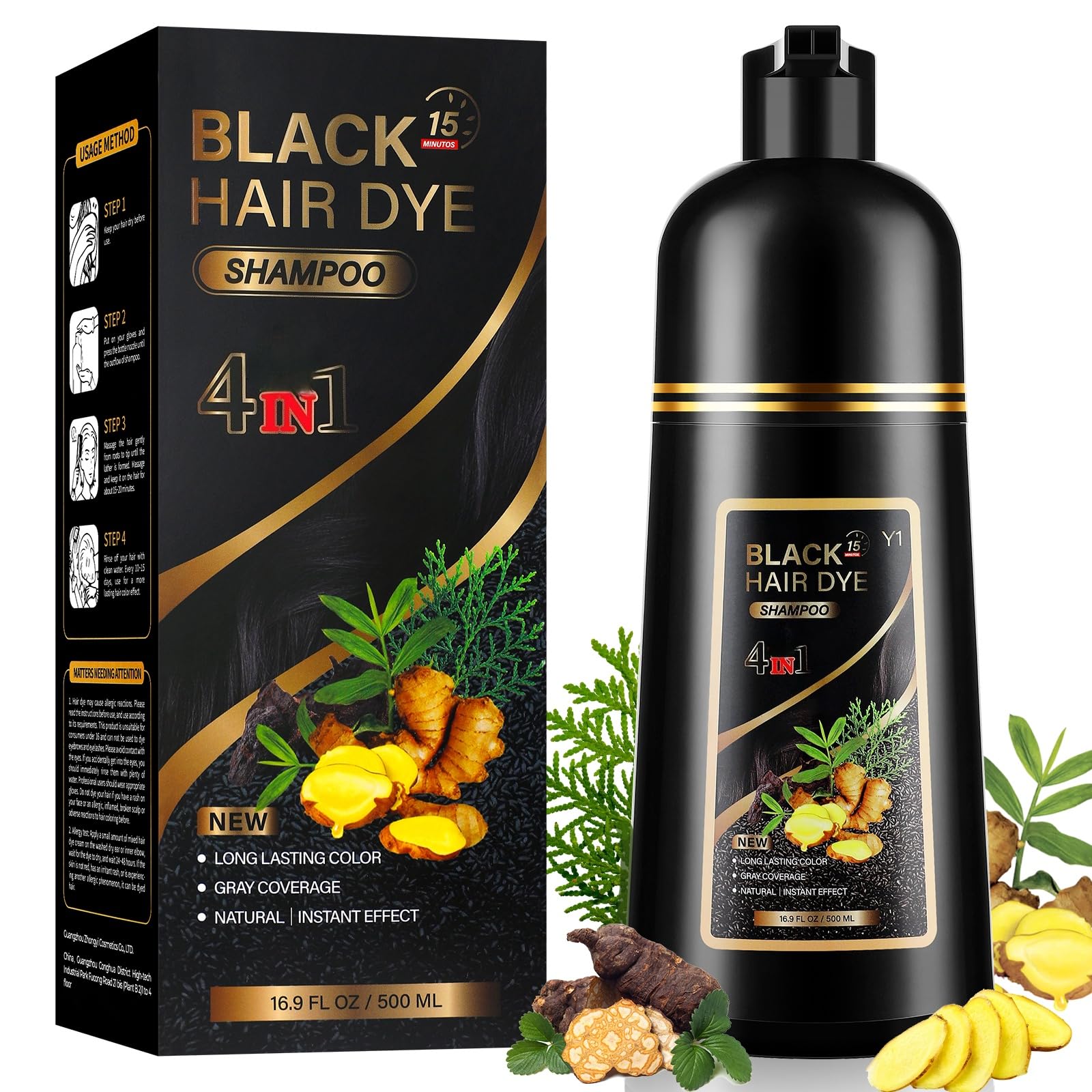 YUOLITA 500ML Black Hair Dye Shampoo 4 in 1, Sofort Haarfarbe Schwarz Haarfärbeshampoo für Männer und Frauen, Natürlich und Langanhaltend Farbshampoo,Hair Color Shampoo für All Haar