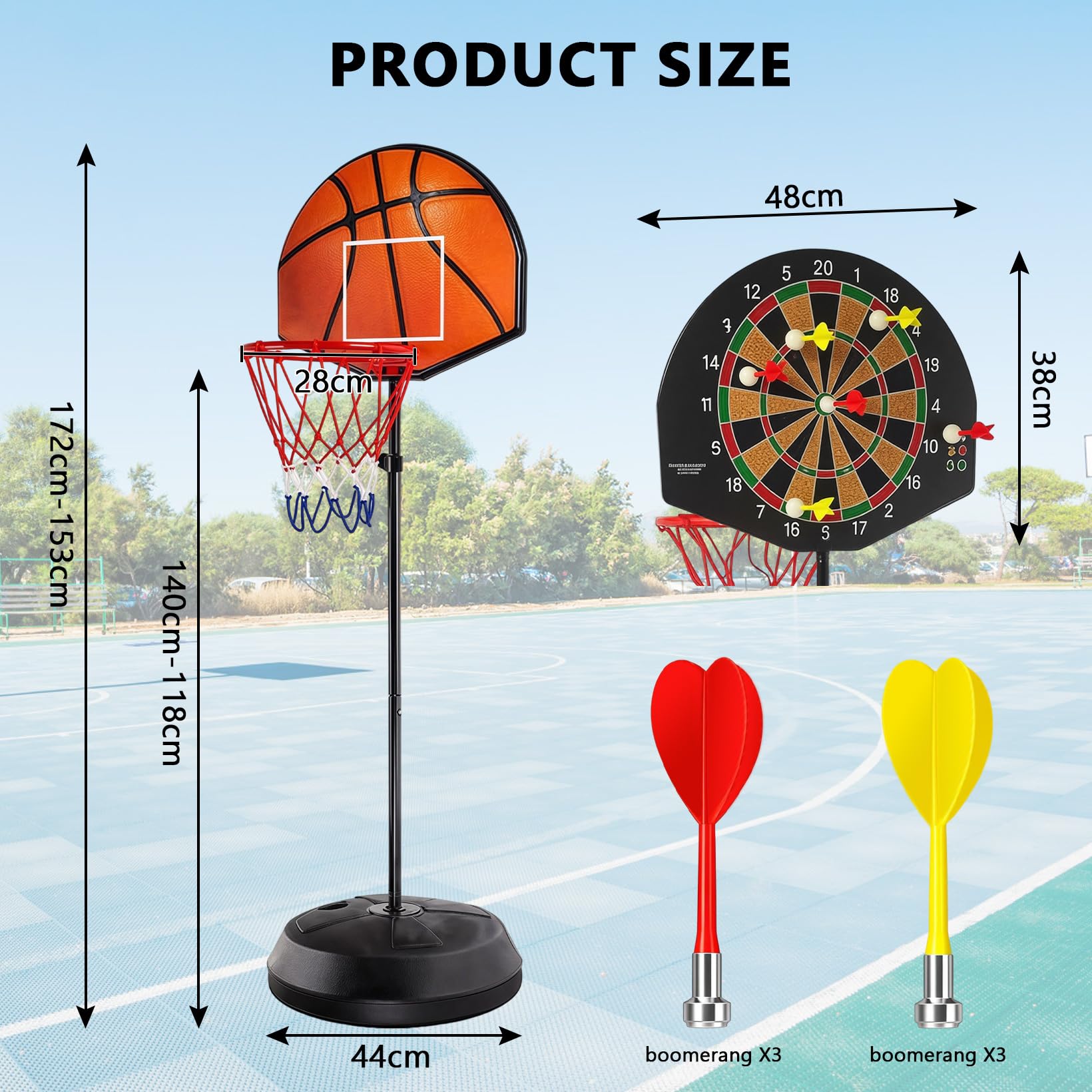 2 in 1 Basketballkorb Outdoor mit Dartscheibe Ständer, Basketballkorb Indoor Outdoor, Dartscheibe mit Ständer, 118-140cm Höhenverstellbar Basketball Korb mit Darts Target BäLlen Pumpe Geschenk