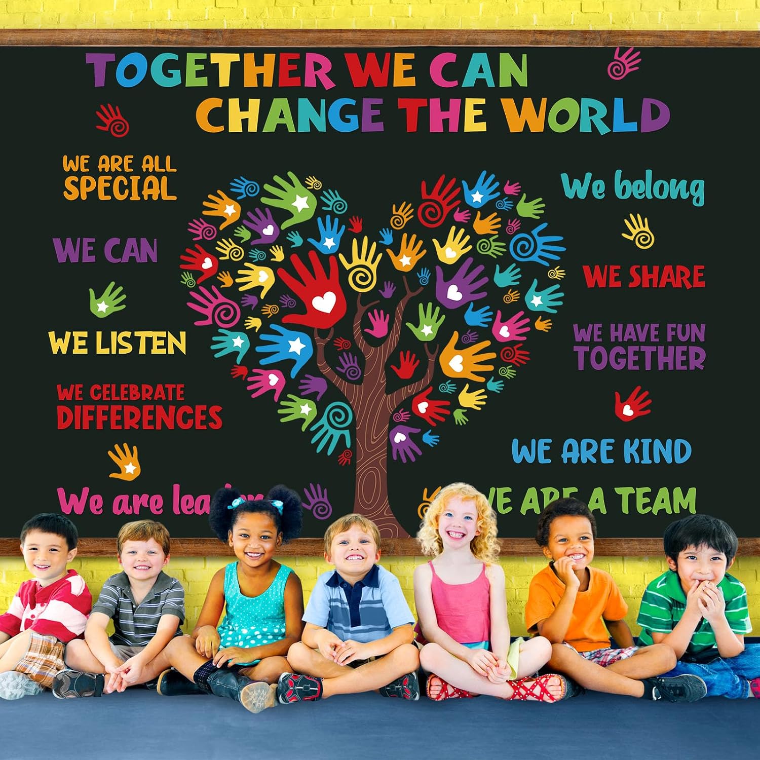 Dispowreath 131 Pcs Colorful Diversity Bulletin Board Set Diverse Handprint with Tree Cutouts Inspirational Diversity Classroom Decorations for Welcome Back to School Classroom Door Bulletin Board