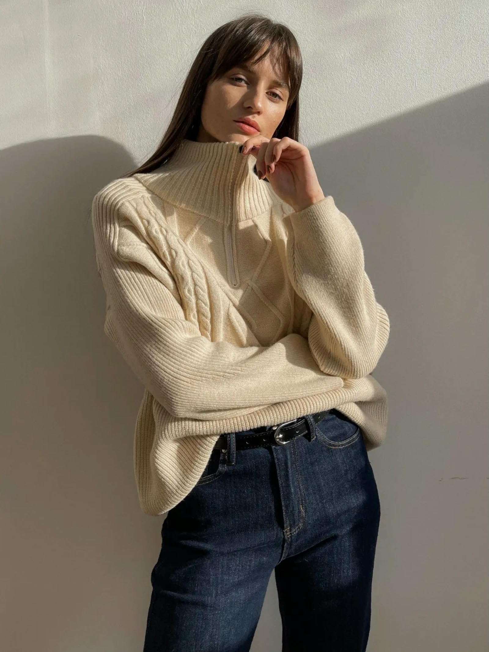 Sweter dla kobiet, sweter oversize, gruby, ciepły sweter z dzianiny, solidny długi rękaw, golf, zamek błyskawiczny, płaszcz zimowy
