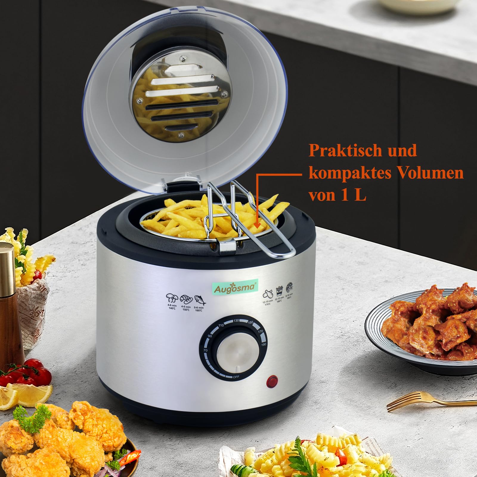 Mini friteuse à huile | 850-950 W l Capacité : 1 l l Fenêtre de visualisation l Panier à friture en acier inoxydable l Température réglable l Isolation thermique l Revêtement en caoutchouc