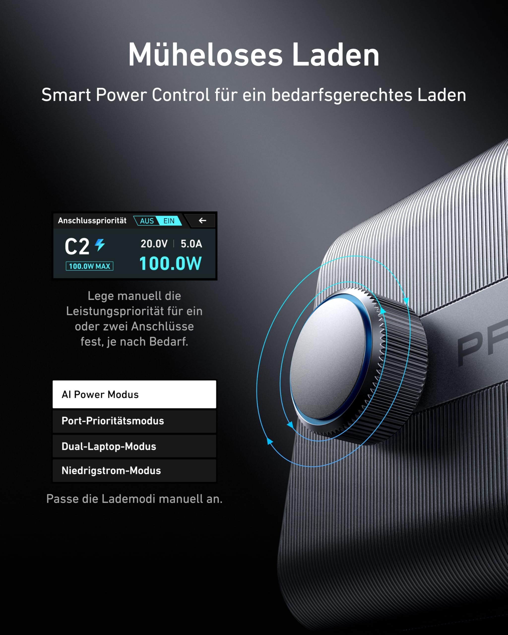 Anker Prime 250W USB C Ladegerät, Ultra-schnelle 6-Port GaN Ladestation, 2,26" LCD-Display und Smart Control Regler, kompatibel mit MacBook Pro/Air, iPhone 17/16/15, Pixel, Galaxy, Apple Watch & mehr
