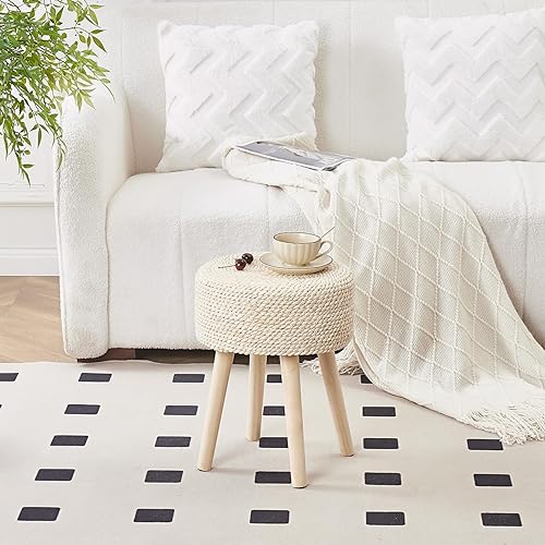 Miniatura 33 de Cpintltr Reposapiés redondo otomano natural de algas marinas con patas de madera maciza, reposapiés de jacinto tejido a mano, taburete para sala de