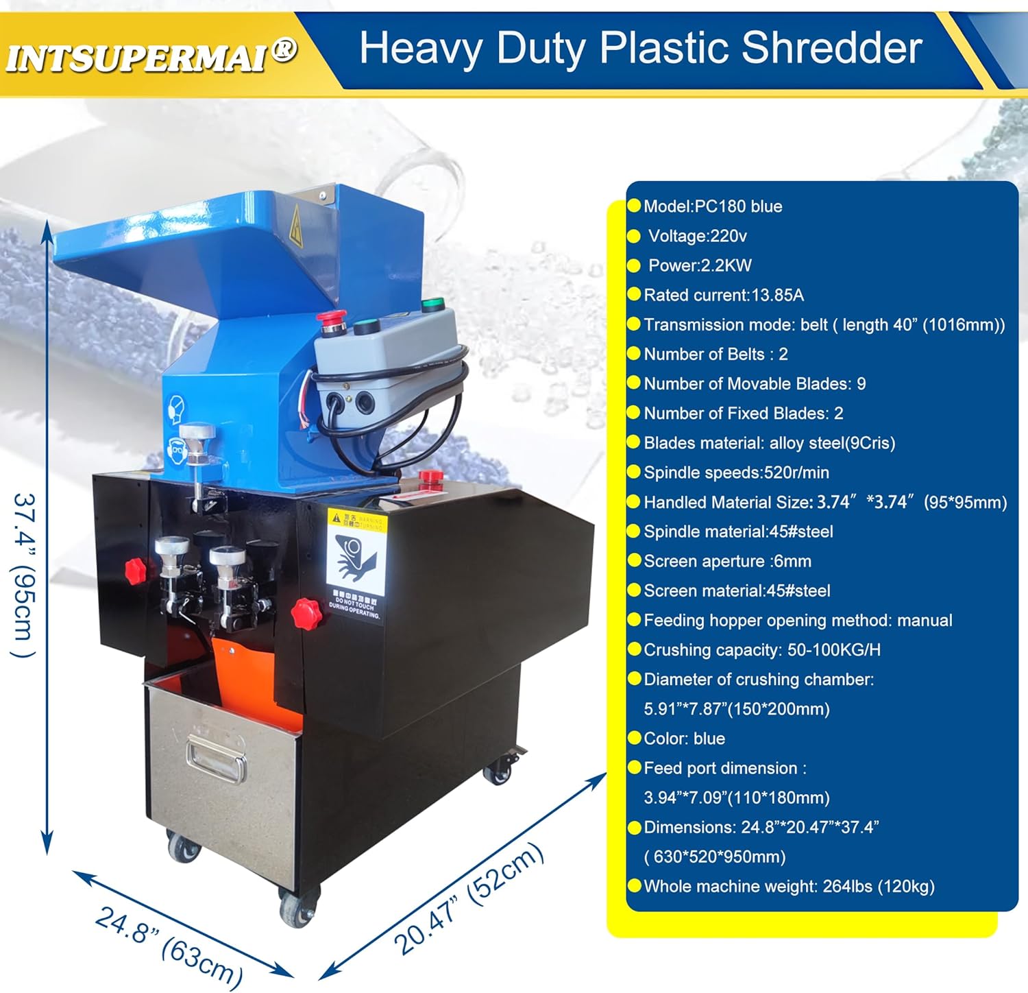 INTSUPERMAI Electric Plastic Shredder Crusher Machine Granulator Chipper Machine Heavy Duty Plastics Shredder Grinder Recycling for Plastic, Rubber,Wood,Nylon,220V Single Phase