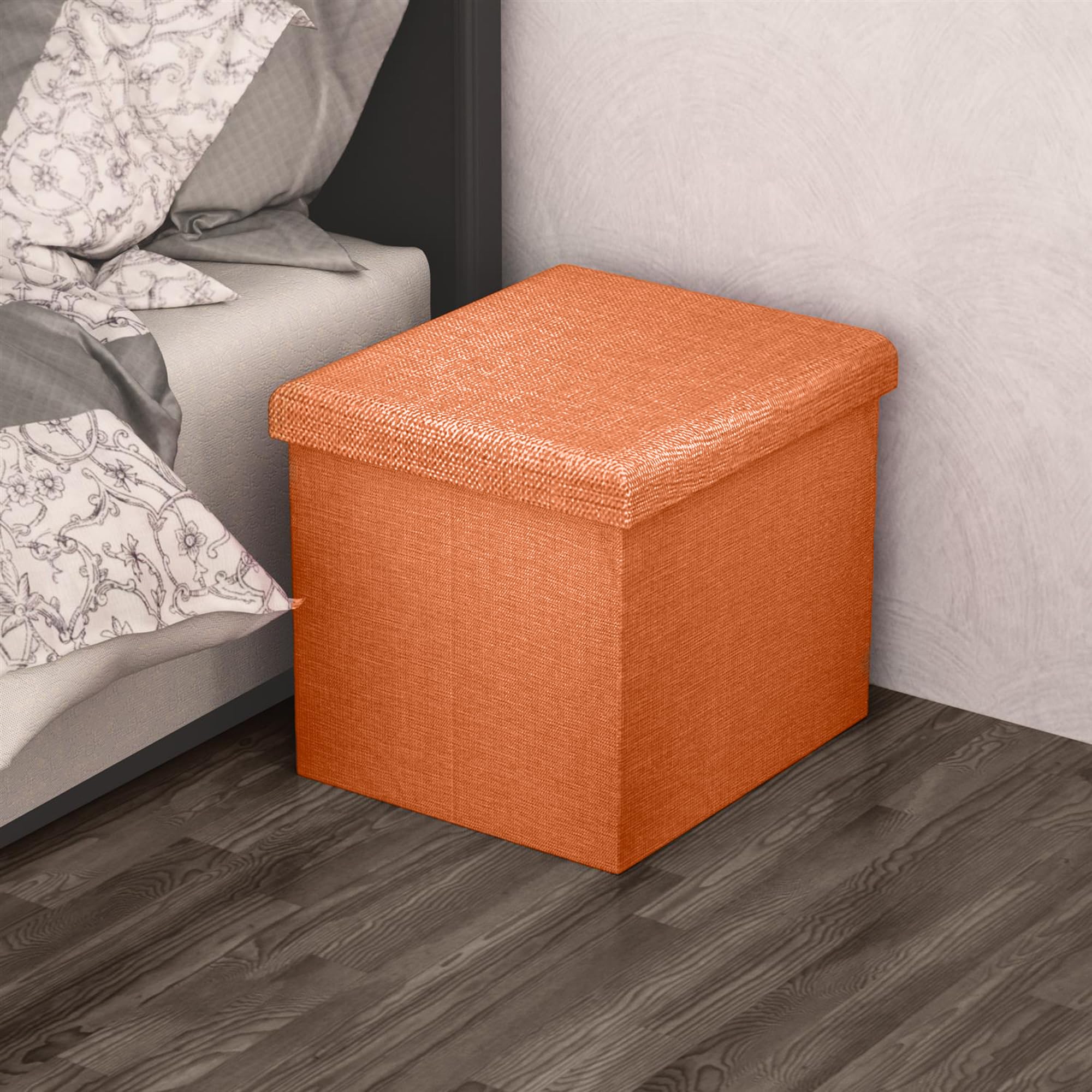 INTIRILIFE Pouf Pieghevole 38x38x38 cm in Orange MANDARINI - Cassapanca Cubo Contenitore Imbottito de Tessuto a l'Ottica Lino con Coperchio - Ottomane Poggapiedi Sgabello Panca Poltrona