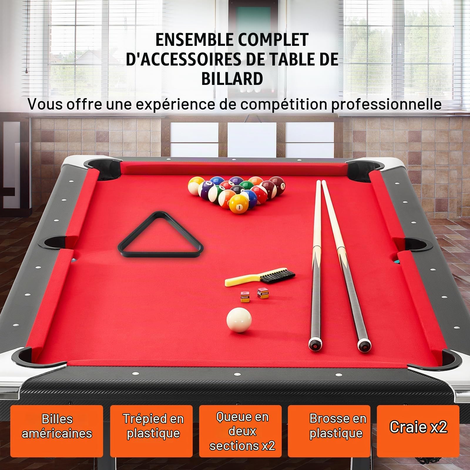 VEVOR Table de Billard 192 cm, Kit de Billard Pliable et Portable, Ensemble d'Accessoires Complets avec Balles, Queues, Craies et Brosse, Couleur Noir avec Tissu Rouge, pour Domicile, Club, Café-Bar