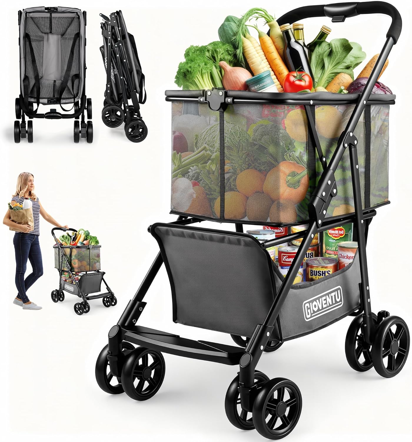 𝟐𝟎𝟐𝟔 𝐔𝐩𝐠𝐫𝐚𝐝𝐞𝐝 Folding Shopping Cart with Wheels, 80lbs Multi Use Grocery Carts with 360° Wheels & Removable Tote Bag, Multifunctional Portable Personal Shopping Carts for Groceries, Black
