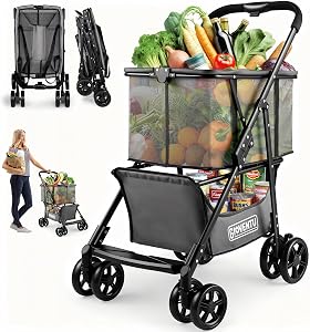 Folding Shopping Cart with Wheels, 80 lbs Capacity
