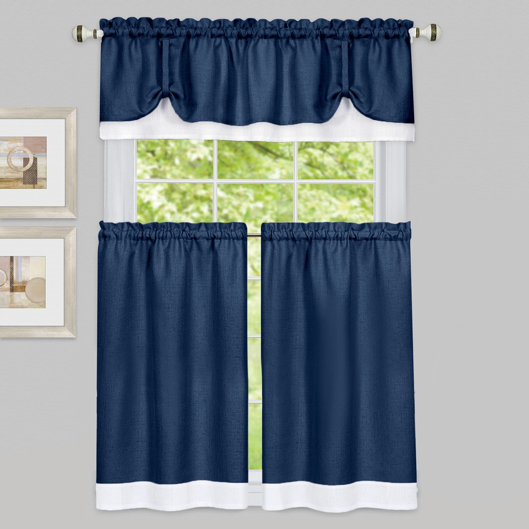 Collections Etc Darcy Two-Tone Rod Pocket Café Curtain Tiers - 2 Piece Set, Navy, 58