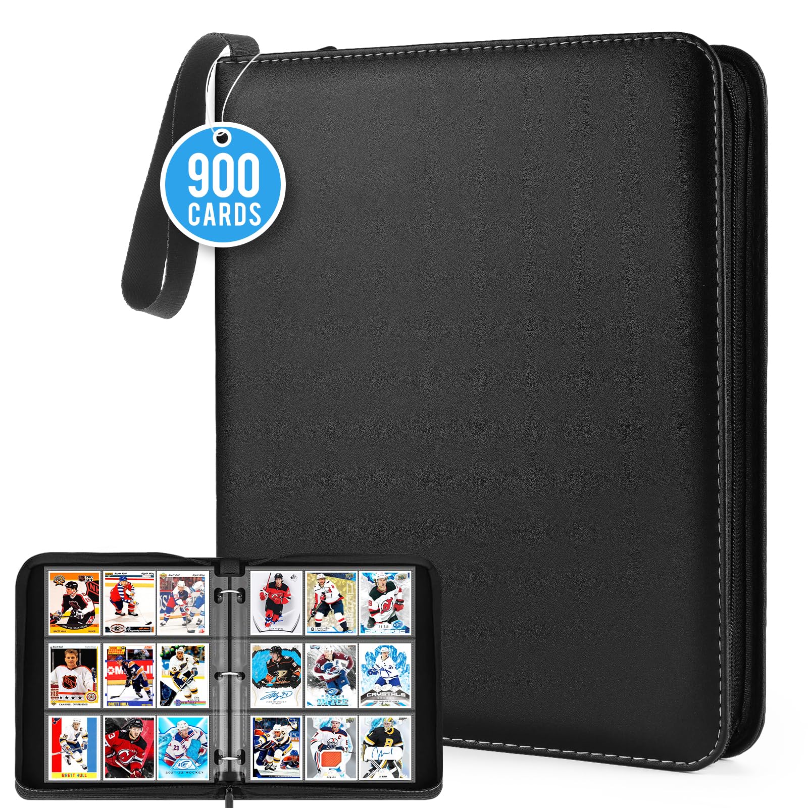 DSCD 9 Pocket Card Binder: 900 Zipper Double Sided Sports & Trading Card Collector Album with 50 Removable Sleeves - Kids Card Holder for TCG NHL Baseball Football Hockey Games (Black)