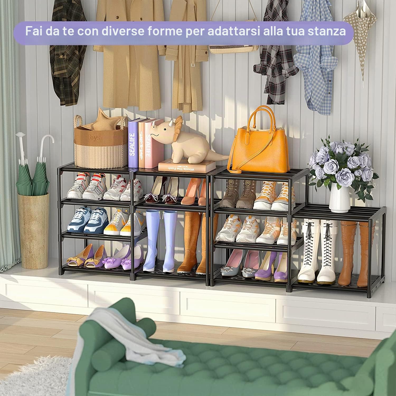 FINEW Scarpiera con 8 ripiani, portascarpe in metallo sottile, può contenere 26-30 paia di scarpe e stivali, nero scaffale per soggiorno, camera da letto, corridoio, ingresso, spogliatoi