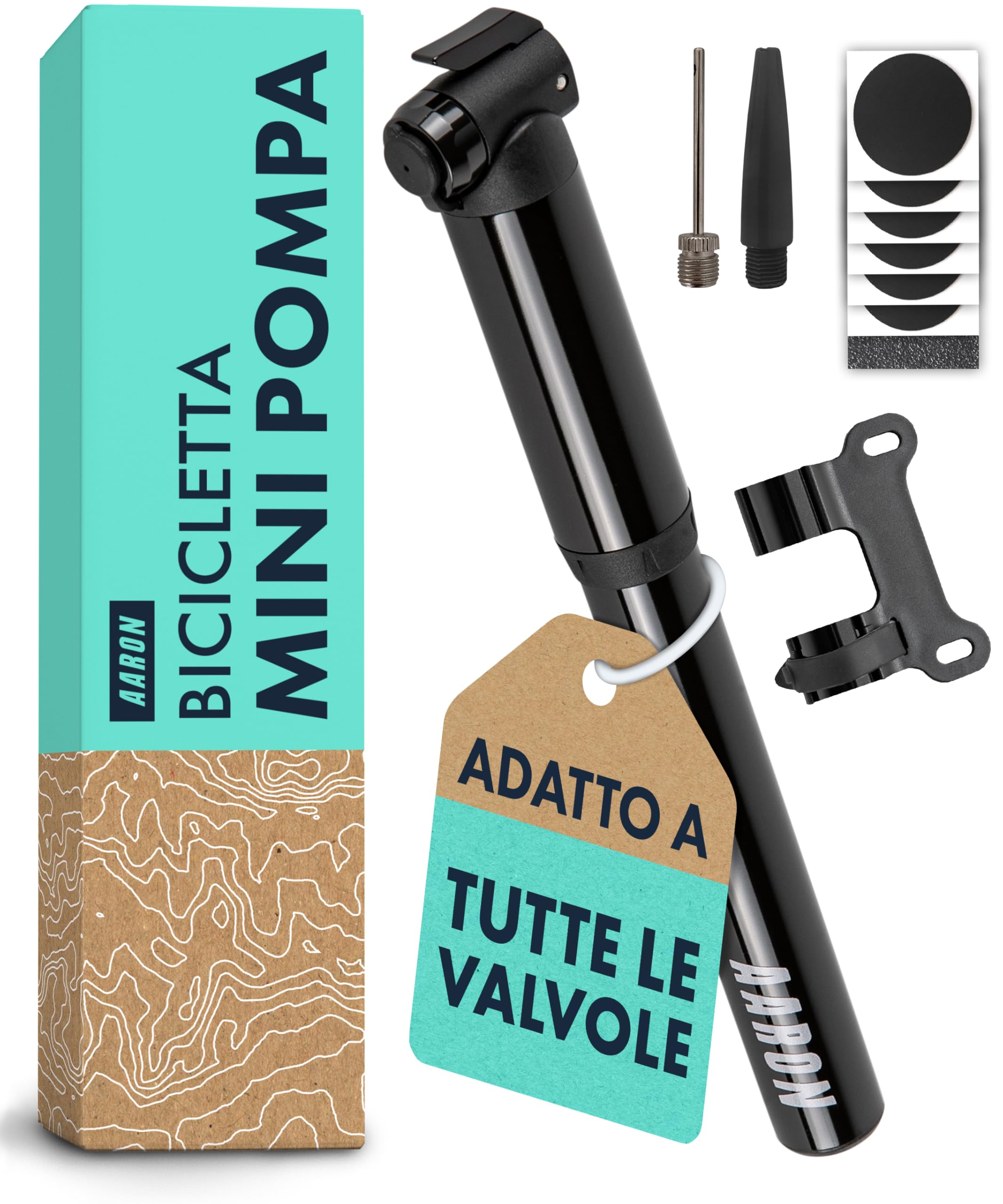 AARON Pocket One Mini pompa per bicicletta per tutte le valvole - Pompa ad aria compatta adatta a tutti i telai - Pompa manuale per viaggi con kit di gonfiaggio gratuito - Pompa a ruota in nero/grigio