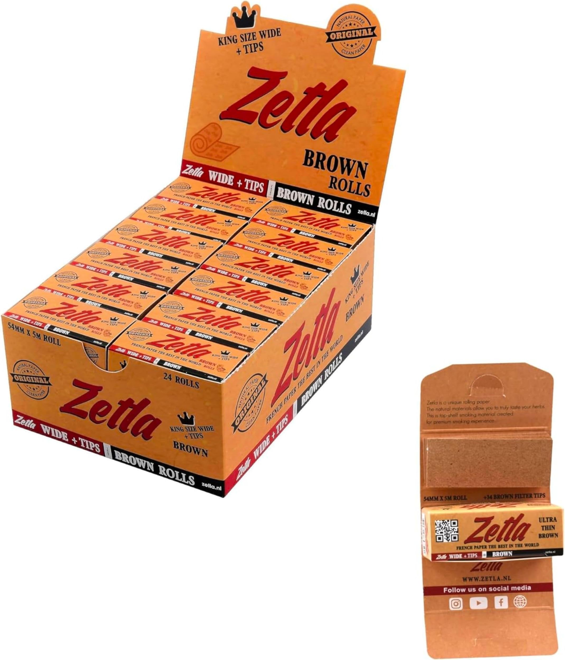 Rolling Papers Zetla Brown Roll Wide + Tips - Rolling Papers 24 Booklets (Size 5000 x 54 mm)
