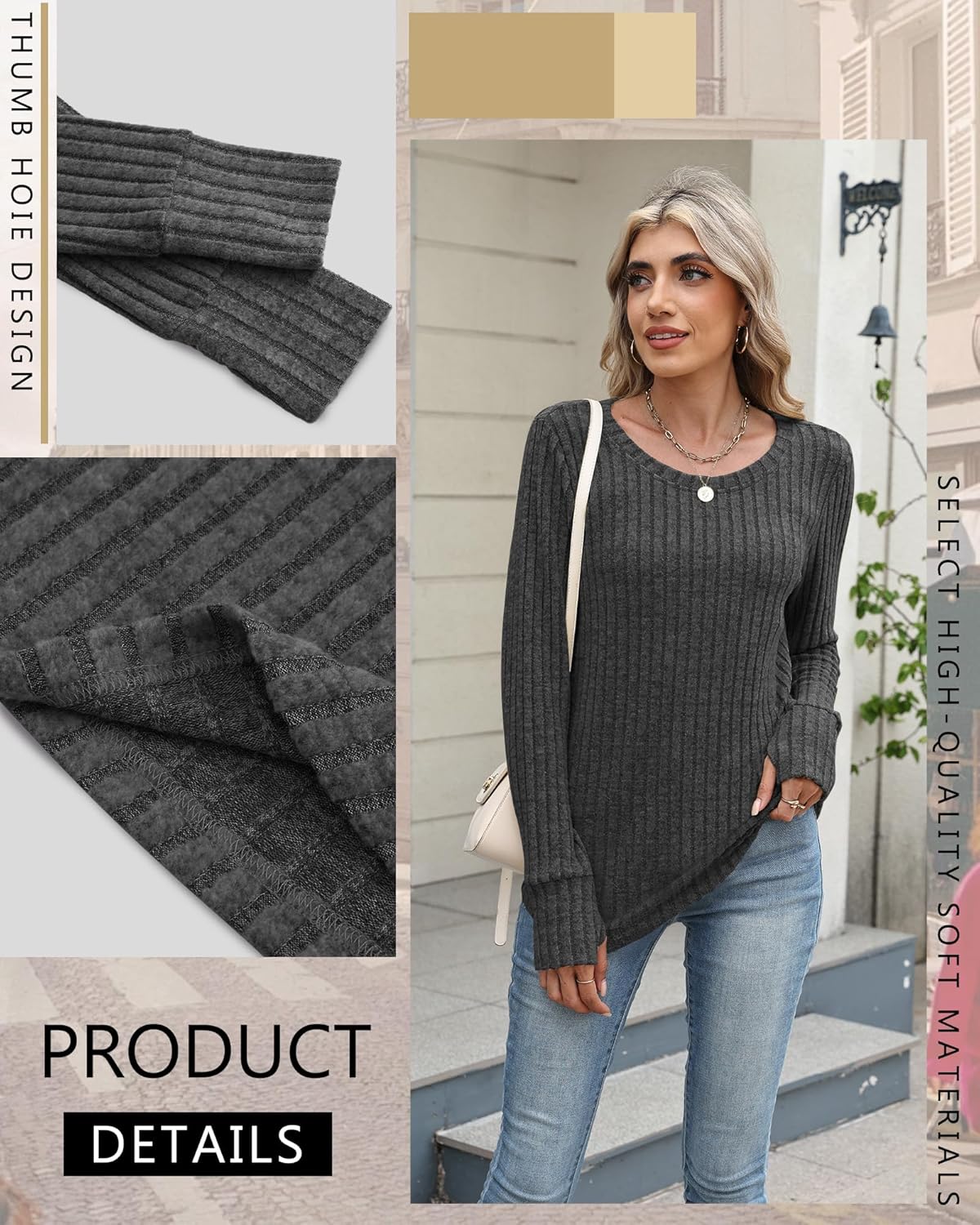 4 Pack Women's Long Sleeve Sweaters with Thumb Holes Crew Neck Tunic Tops Fall Loose Fit Shirts Ribbed Curved Hem - Image 4
