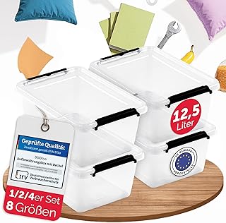 BOXXivo Storage Boxes with Lid, 12.5 L, Set of 4, BPA-Free & Food-Safe Boxes, Stacking Boxes with Lid, Stackable Storage Boxes, Transparent Storage Box