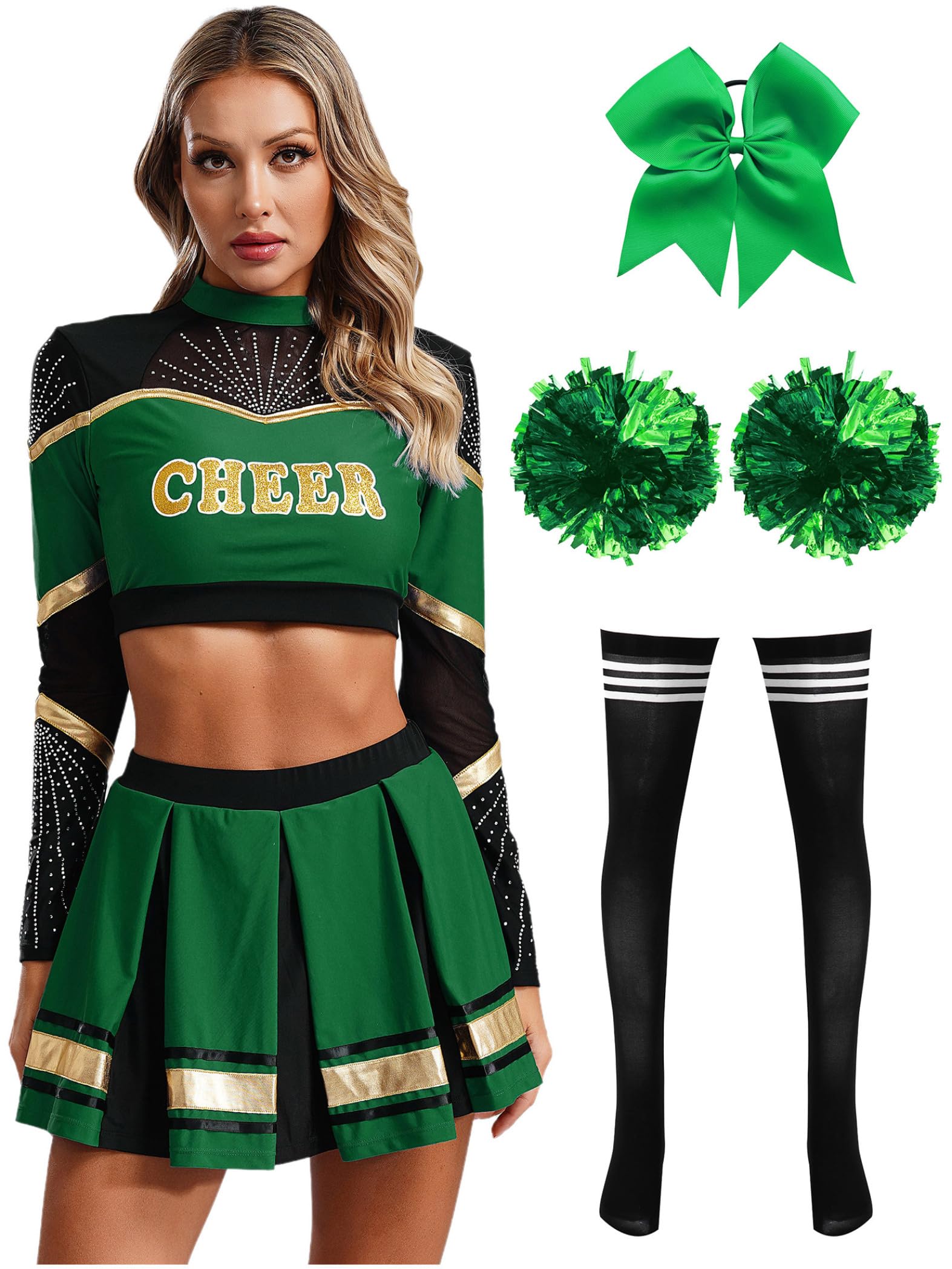 Damen Cheer Leader Kostüm Cheerleading Uniform 5tlg.Langarm Crop Tops mit Rock Pompoms Socken Haarband Tanzkleid Karneval Fasching Partykleid