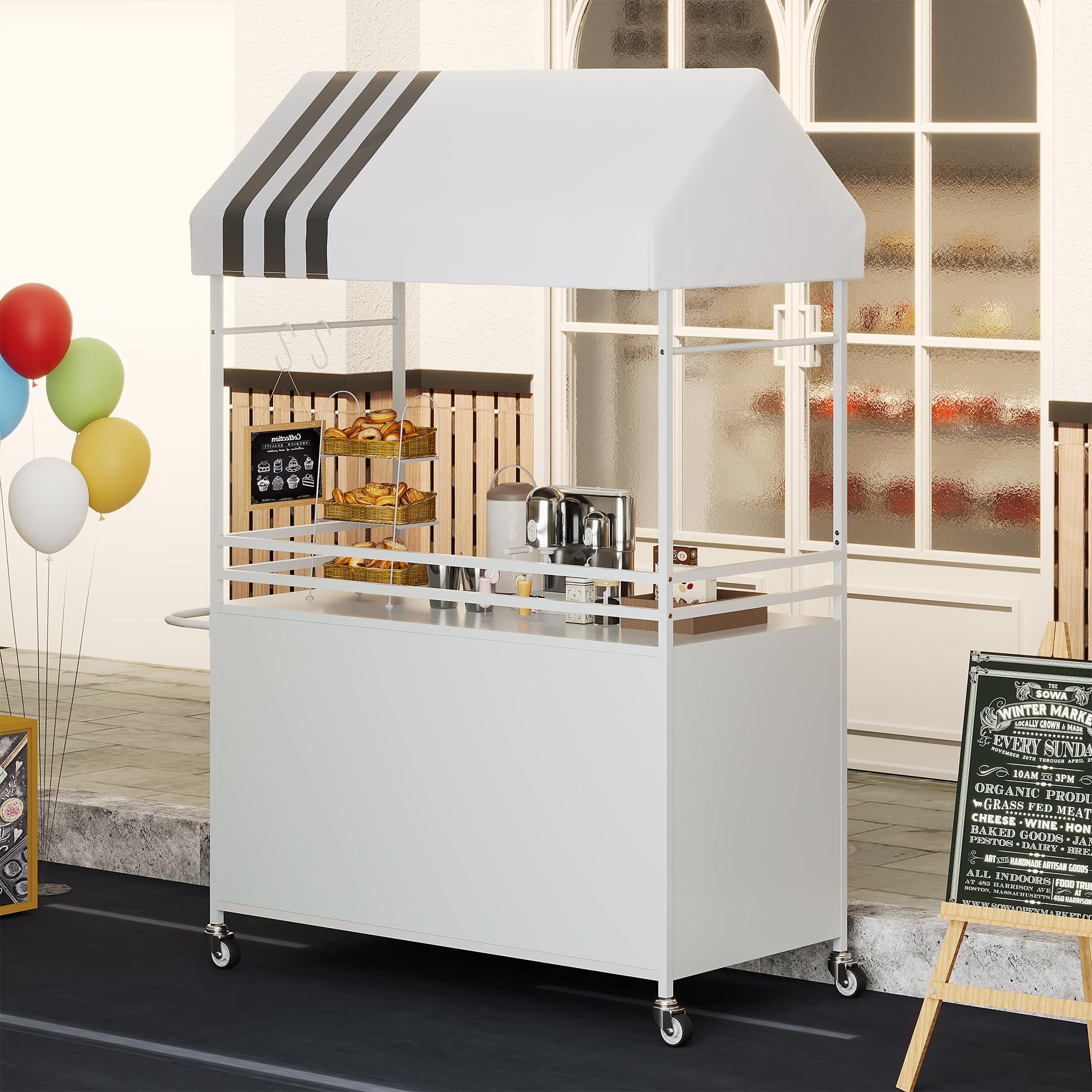 Carrito de Venta portátil con toldo, carritos de Comida móviles con Ruedas con Bloqueo, Soporte de exhibición Callejero de 190 cm de Altura, Resistente, para Eventos en Interiores y Exteriores.