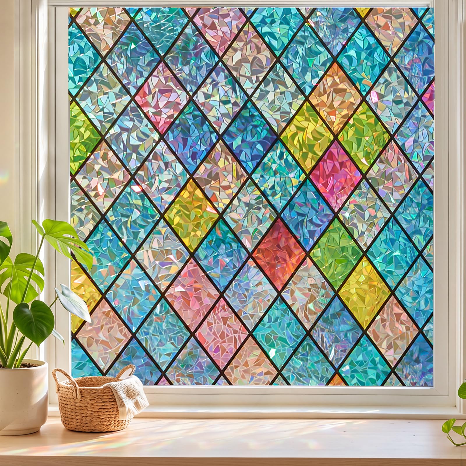 Sunbaby Stained Glass Winodw Film, Rainbow Lattice Stickers, 17.5"x118"