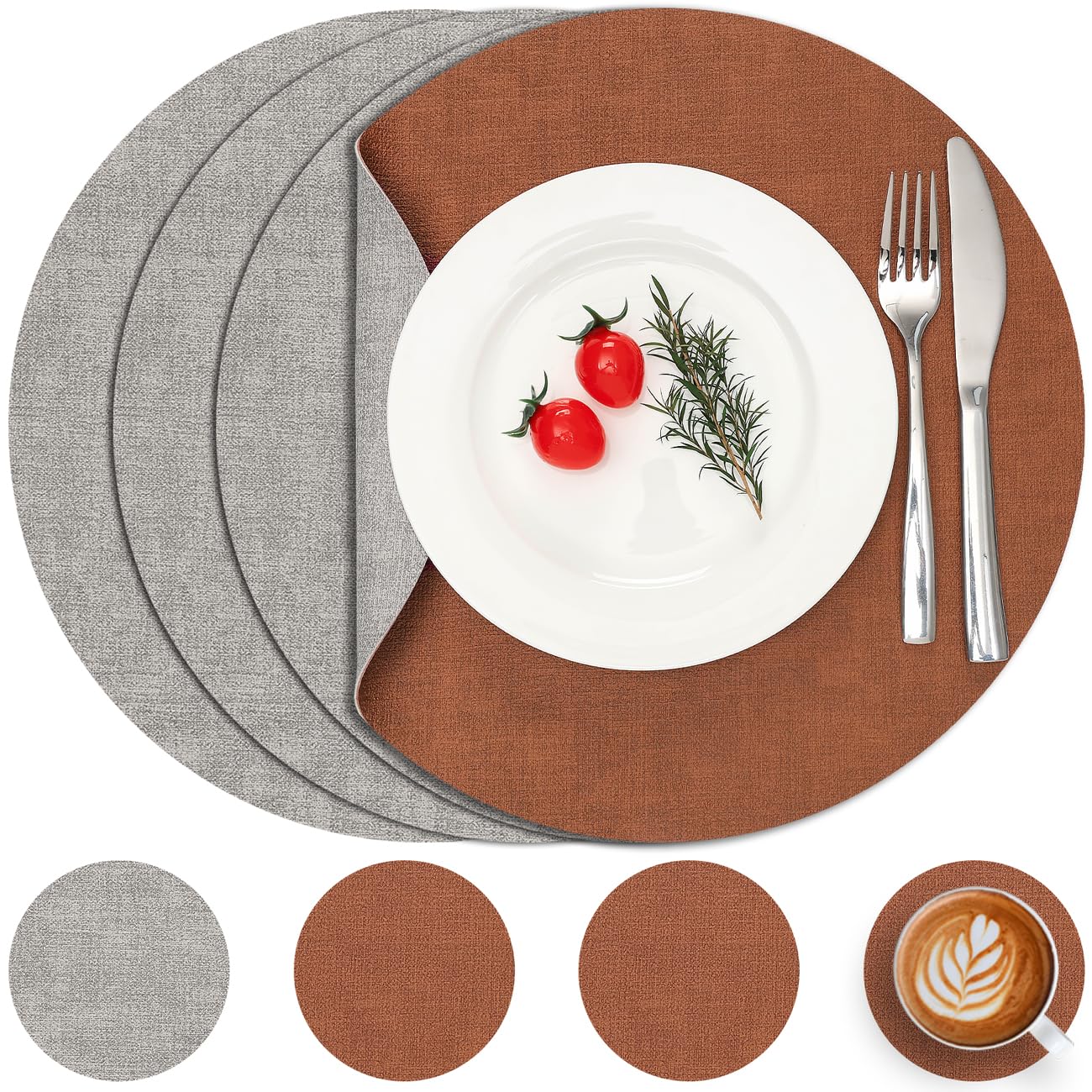 Myir Jun Light Grey Reddish Brown Round Placemats And Coasters Set Of 4 Dual Sided Leather Place Mat
