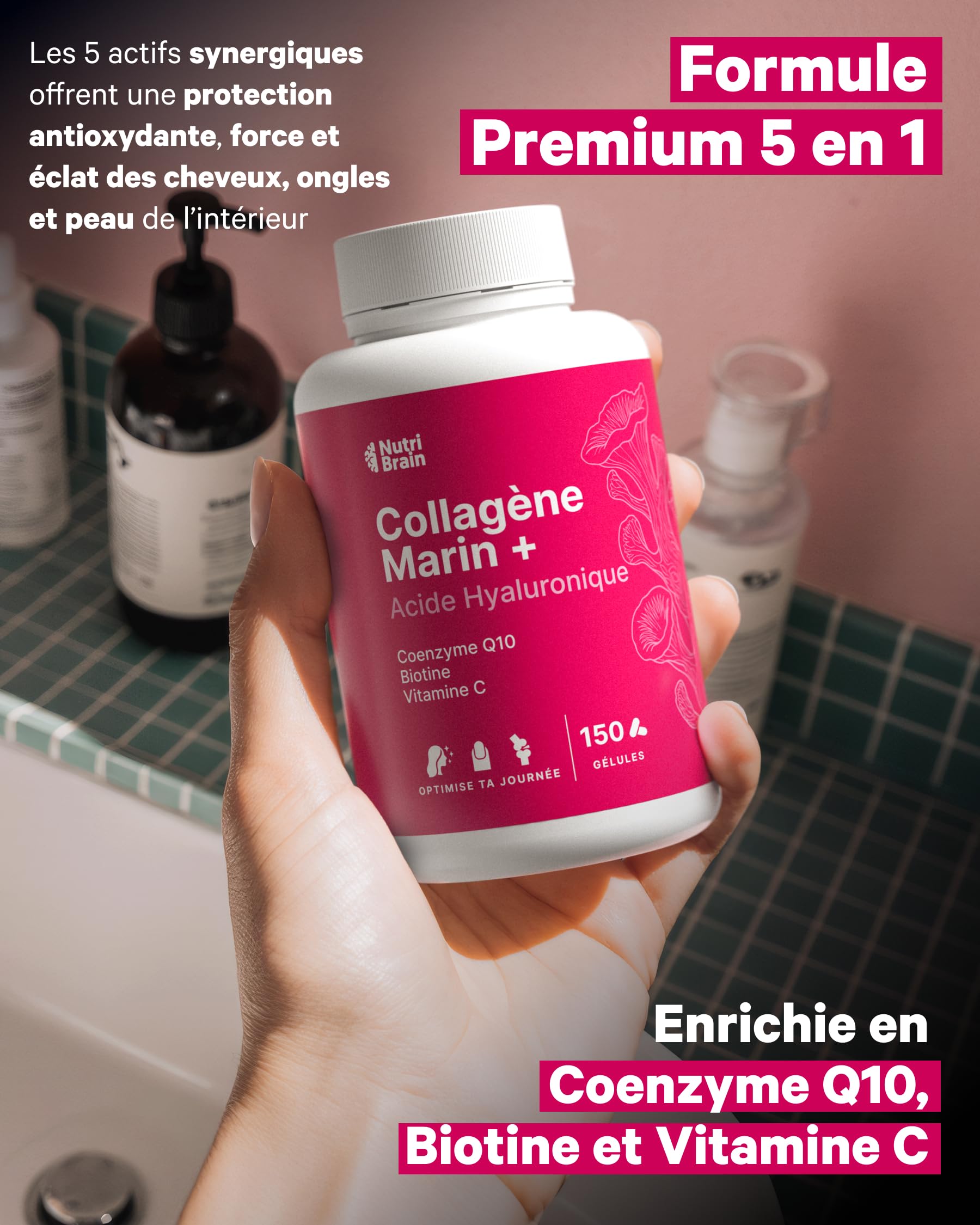 Collagène Marin Hydrolysé Pur + Acide Hyaluronique, Coenzyme Q10, Biotine & Vitamine C | 150 Gélules | Haute Biodisponibilité | 5 Mois | Peptides Type 1 | Peau, Cheveux, Ongles, Articulations