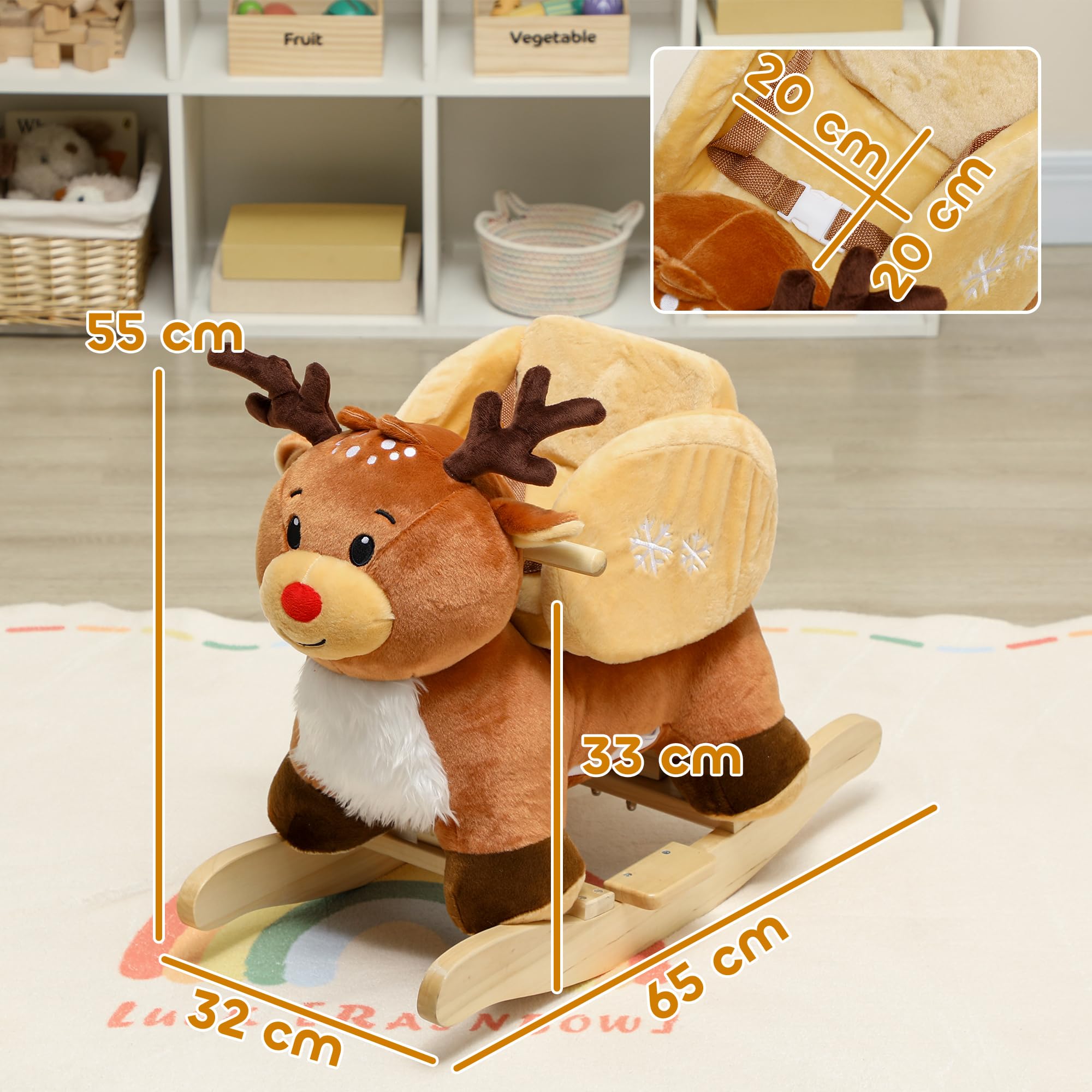 AIYAPLAY Kinder Schaukelpferd Rentier 18-36 Monate Braun 65 x 32 x 55 cm | Baby Schaukeltier, Mit Schlafliedern, Mit Sicherheitsgurt, Plüsch