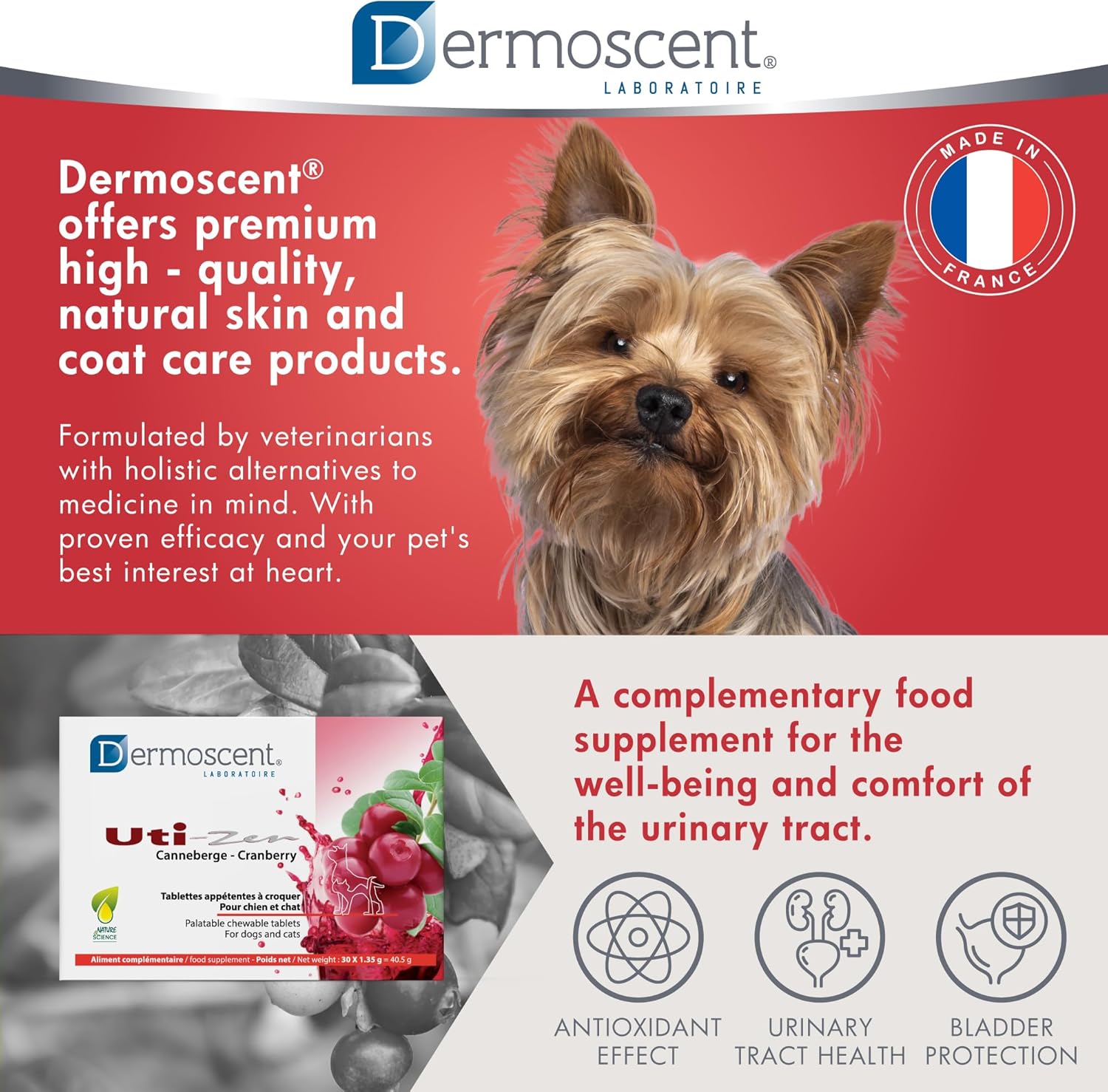 Dermoscent UTI-Zen Cranberry Tablets for Dogs & Cats Food Supplement for Bladder, Kidney & Urinary Tract Health Chicken Flavoured - 30 Tablets