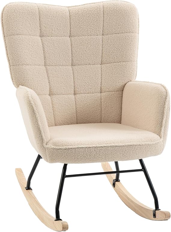 HOMCOM Chaise à Bascule Scandinave en Tissu Effet Laine Bouclée Beige