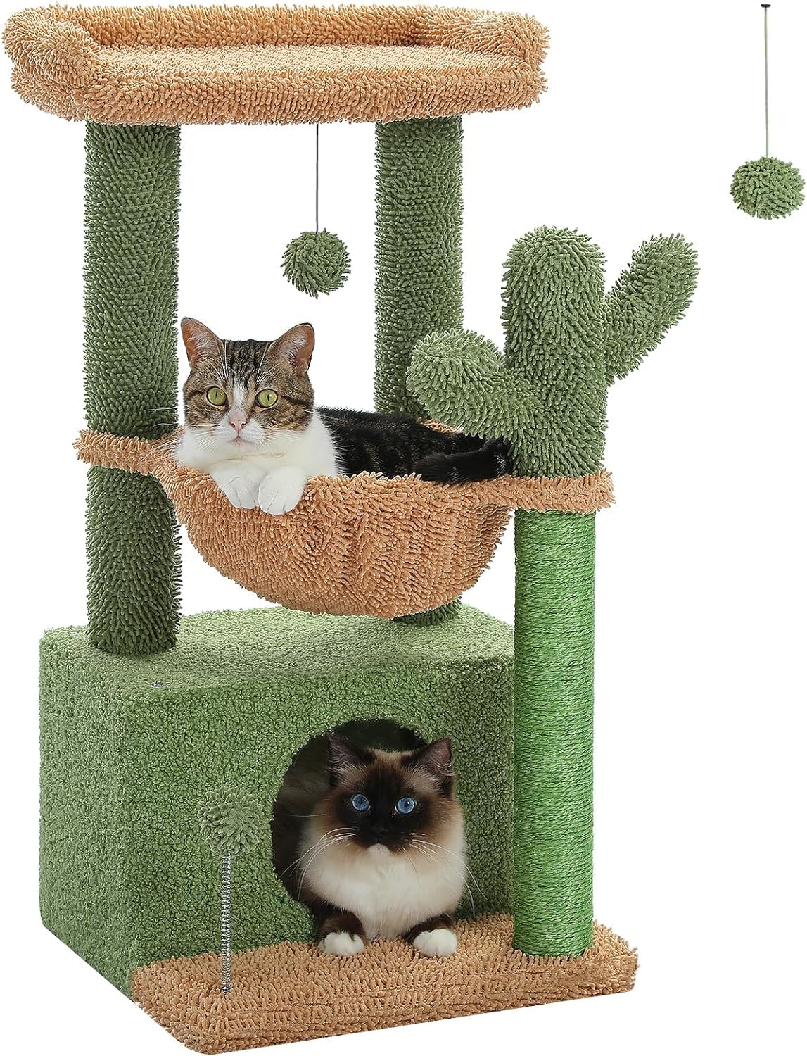 – 4-in-1 84 cm Cactus Cat Tree, 33''Cat Tower for Indoor Cats with Large Cat Condo, Cat Scratching Post for Cats with Deep Hammock& Cozy Top Perch, Green