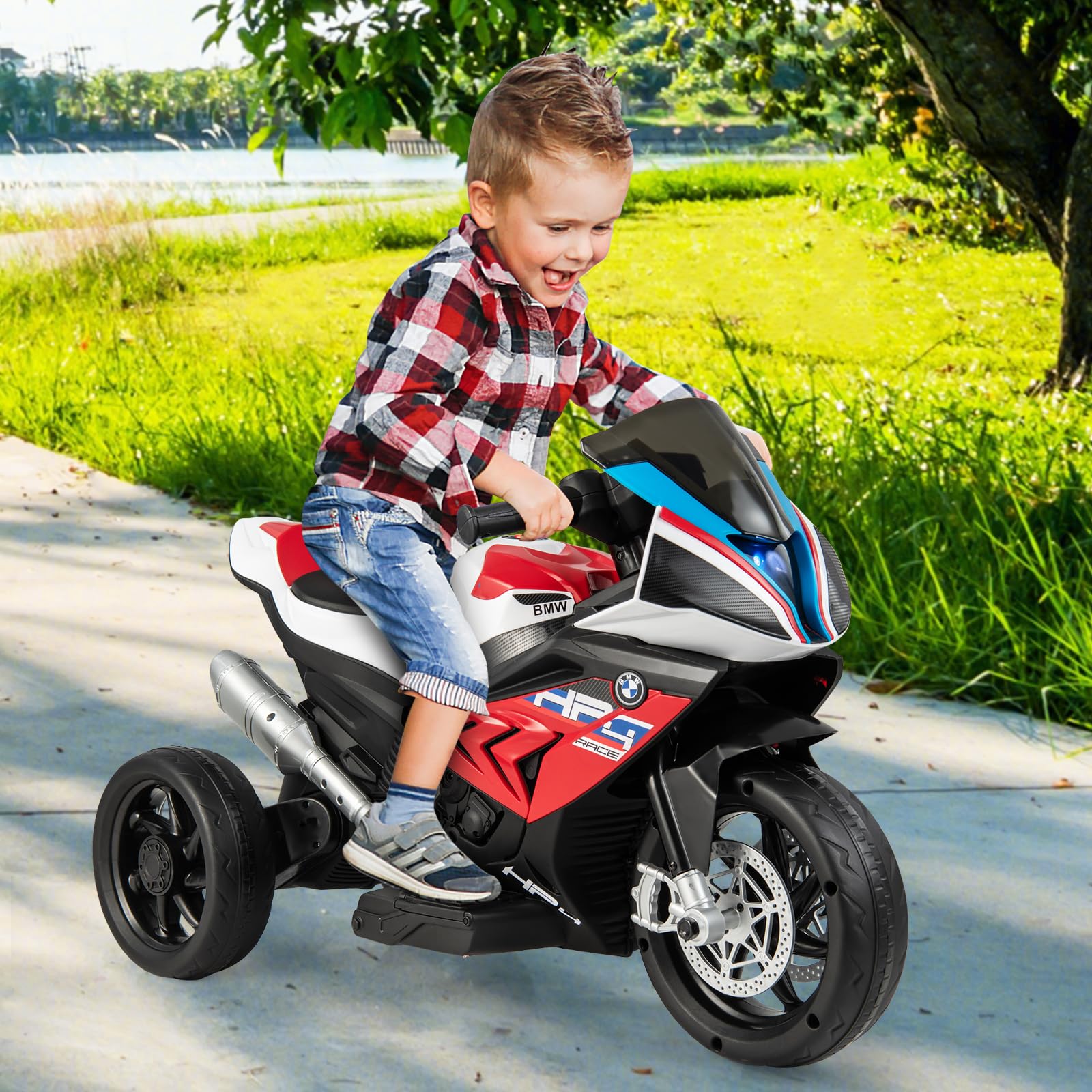 GOPLUS 6V BMW Kinder Elektromotorrad, Kindermotorrad mit Musik & Scheinwerfer für 3-8 Jahren, 3 km/h Kinderfahrzeug mit 3 Rädern & Fußpedal, Kinderdreirad bis 30 kg Belastbar (Rot)