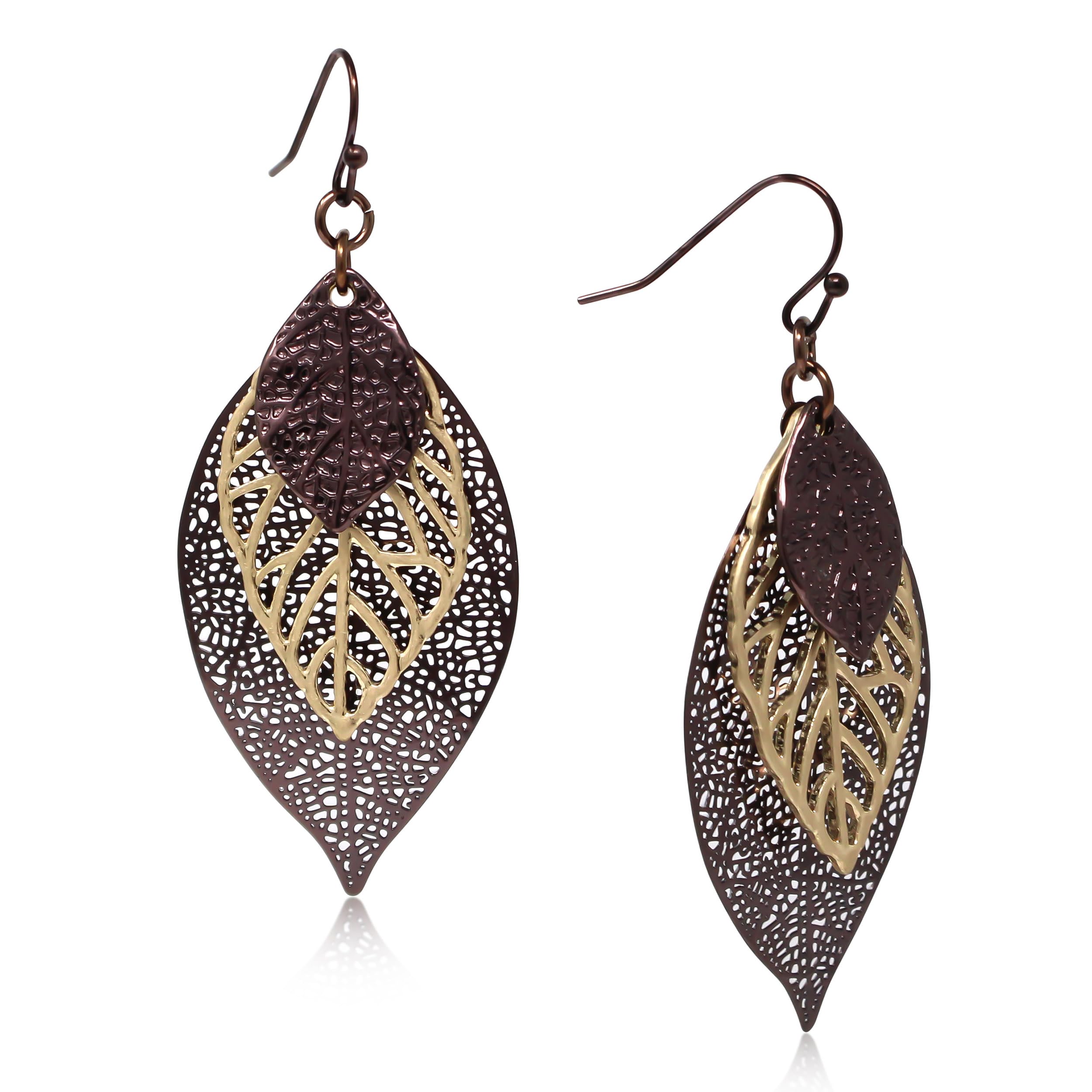 POMINA Choco Gold Fashion Fall Leaf Boho Earrings Gold Silver Two Tone Filigree Leaf Dangle Drop Earrings for Women Jewelry Gifts