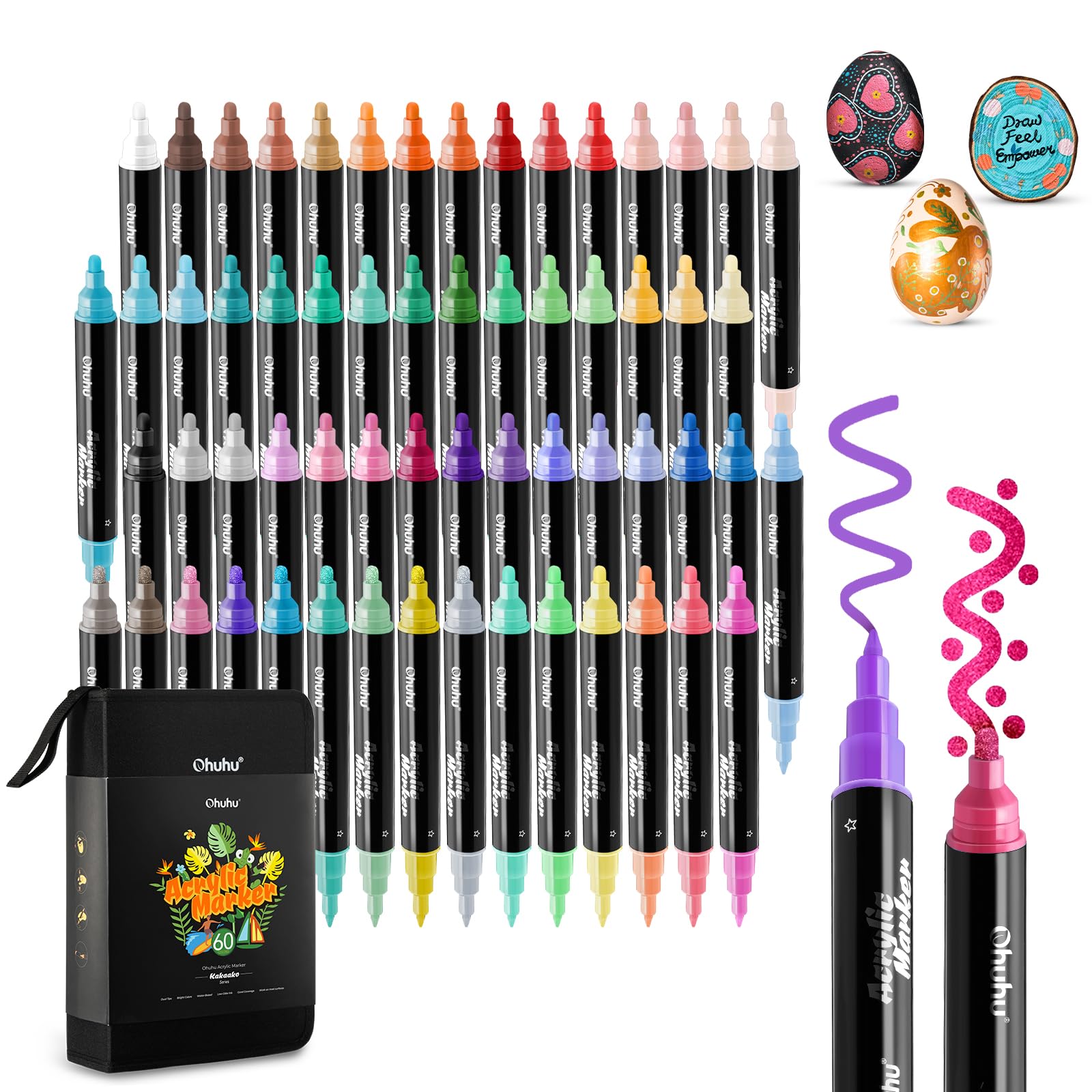 Ohuhu Acrylic Marker 60 Farben, Acrylstifte mit zwei Spitzen (rund und fein) Wasserfest Lichtecht Hohe Opazität Acrylmarker für Steine Bemalen Zeichnen Holz Glas Keramik Ostereier Kürbis - Kakaako