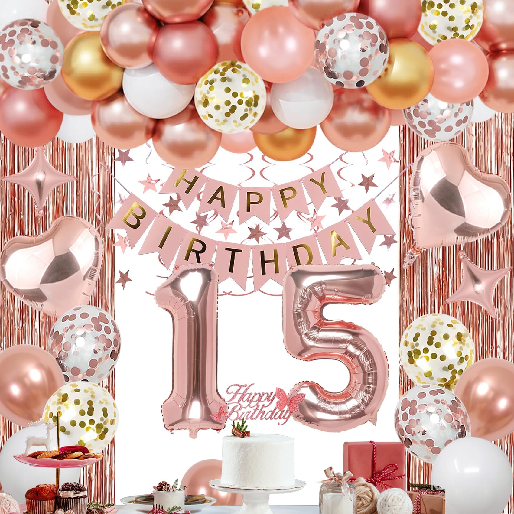 NANINUNENO 15th Rose Gold Birthday Party Decorations for Girls, Rose Gold Happy Birthday Banner, Fringe Curtains, Heart Foil Balloons, Confetti Balloons, Cake Topper for 15th Birthday Decorations