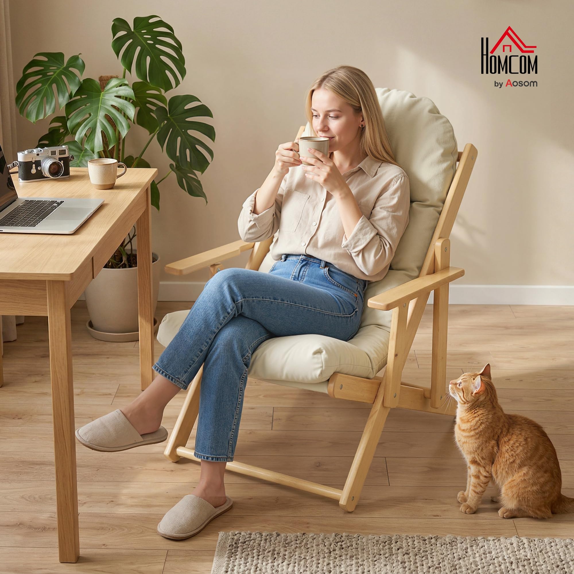 HOMCOM Fauteuil Chaise de Salon Pliable et inclinable en Bois Fauteuil Relax Confortable avec Coussin capitonné épais - 71 x 89 x 96 cm crème