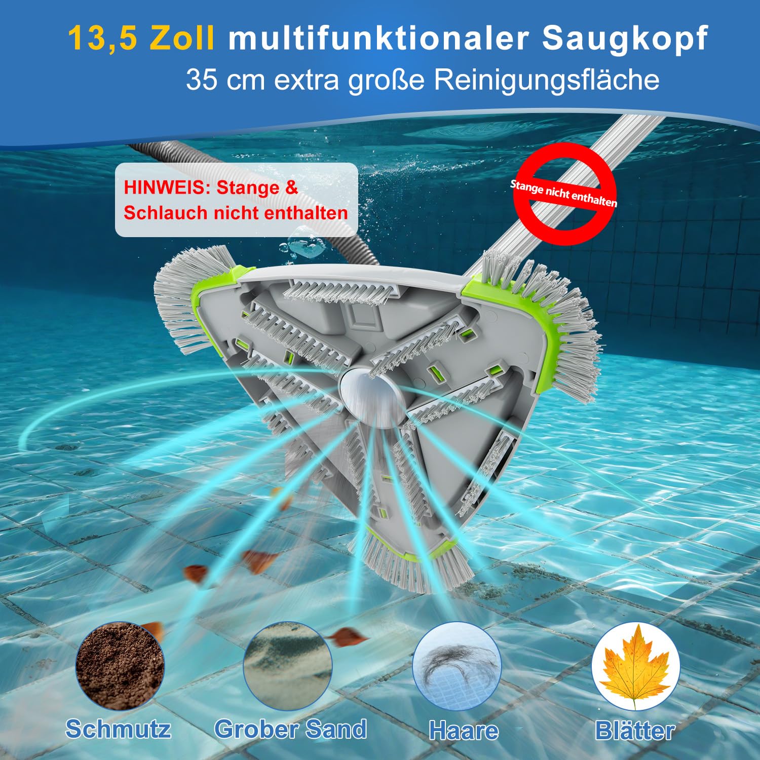Poolbürste mit Sauganschluss 35cm Dreieck, Pool Bodensaugerbürste mit Seitenbürsten, Poolsauger Bürste für 32/38mm Schlauch, Poolreiniger für Aufstellpool & Einbaupool