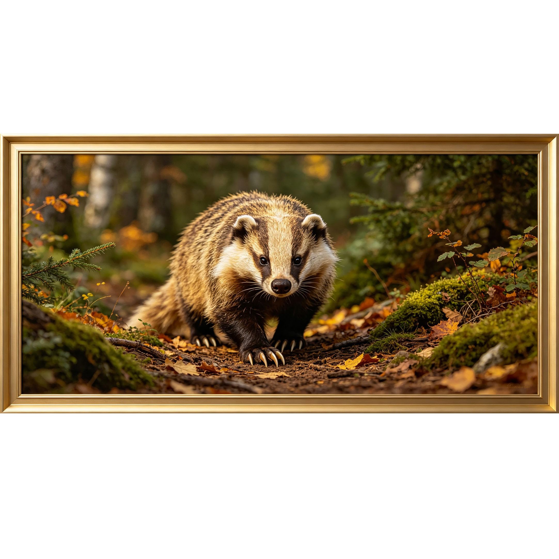 Agglomerix 3D Framed Wall Art Forest Wildlife Badger Autumn Woodland Landscape Large Size Self-Adhesive Removable Wall Decor Prints Artwork for Living Room Bedroom Office