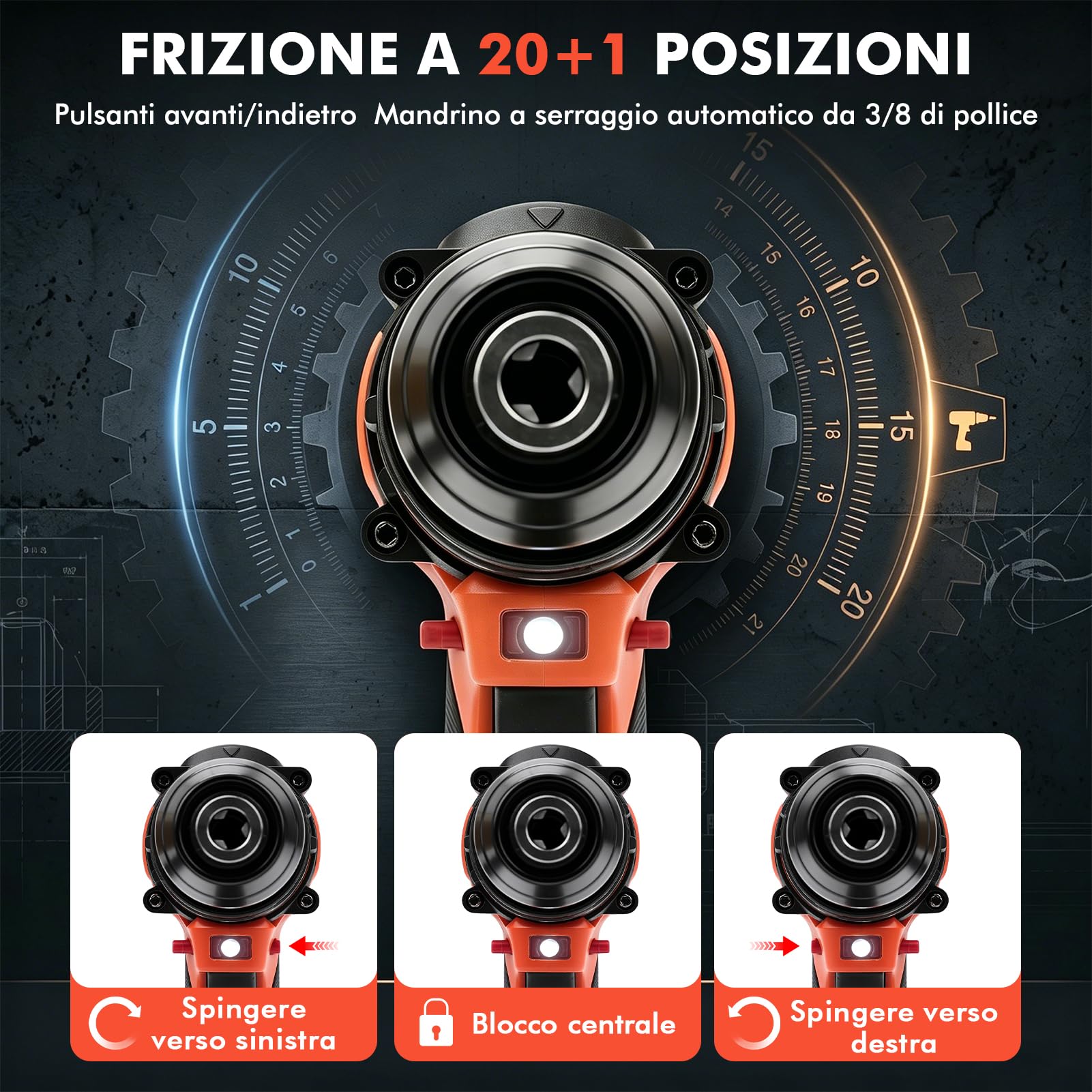 Trapano a Percussione a Batteria 21V, Avvitatore a Batteria 50Nm Brushless | 2 Batterie 1.5Ah, 20+1 Coppie, 2 Velocità, 24 Punte, Luce LED per Riparazioni, Fai da Te, Montaggio Mobili, 10mm Mandrino