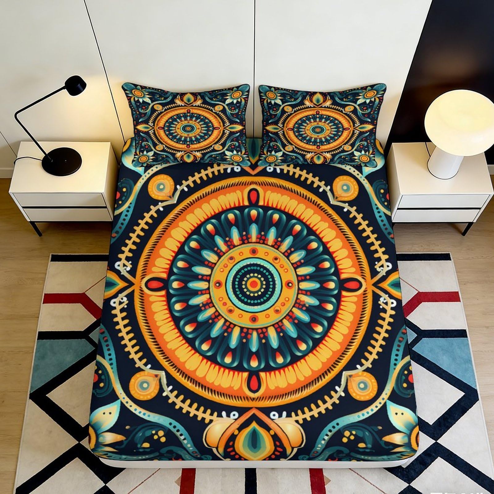 3D Printed Mandala Sun Fitted Sheet Microfiber Soft Breathable Abstract Circle Mattress Cover for Bedroom Dorm Decor 160x200x25cm