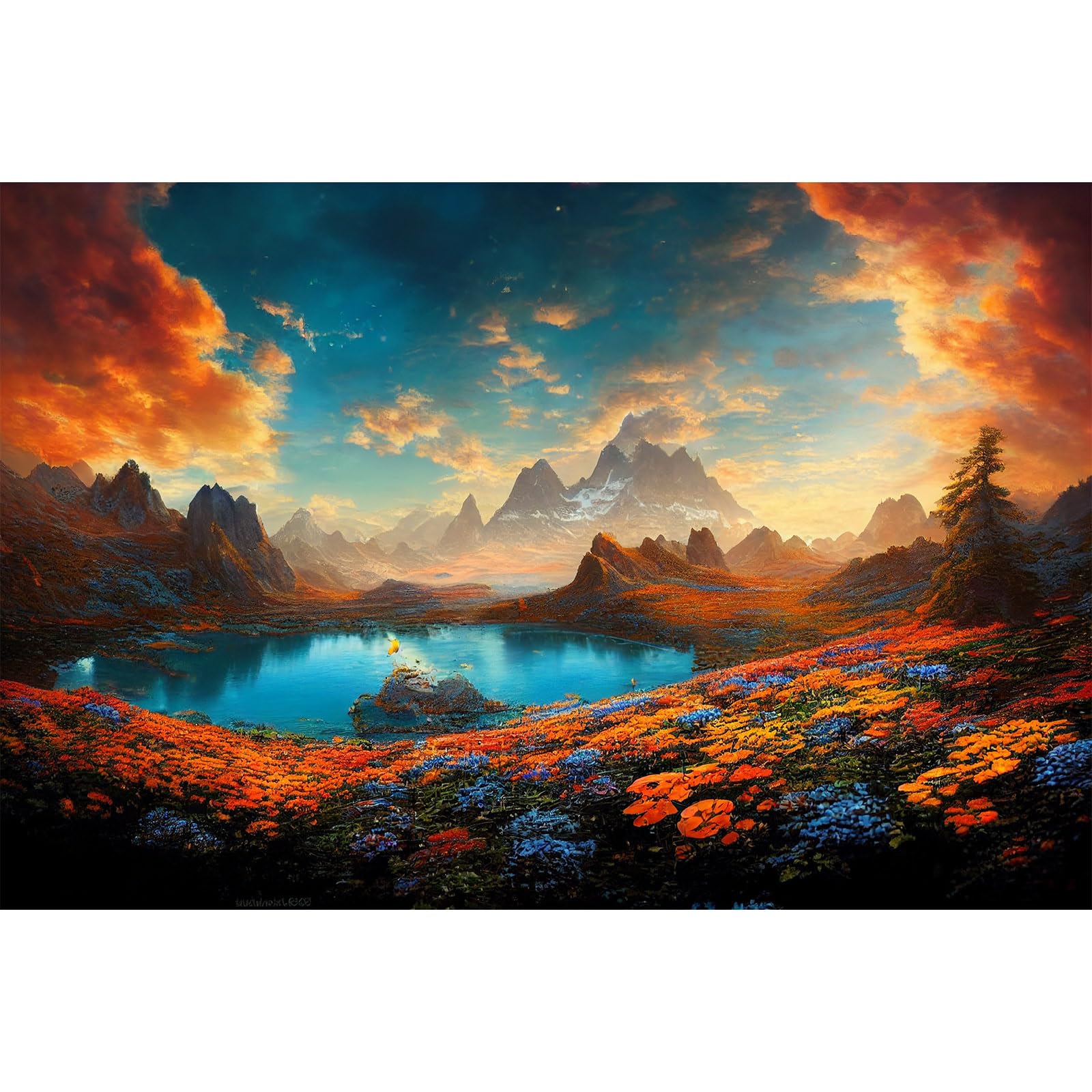 Autumn Theme Aquarium Background Tranquil Lake with Blue Sunset Sky Terrarium Background Colorful Flowers Mountains Clouds Fish Tank Background Fall Style Reptile Habitat Background Poster 72x24in