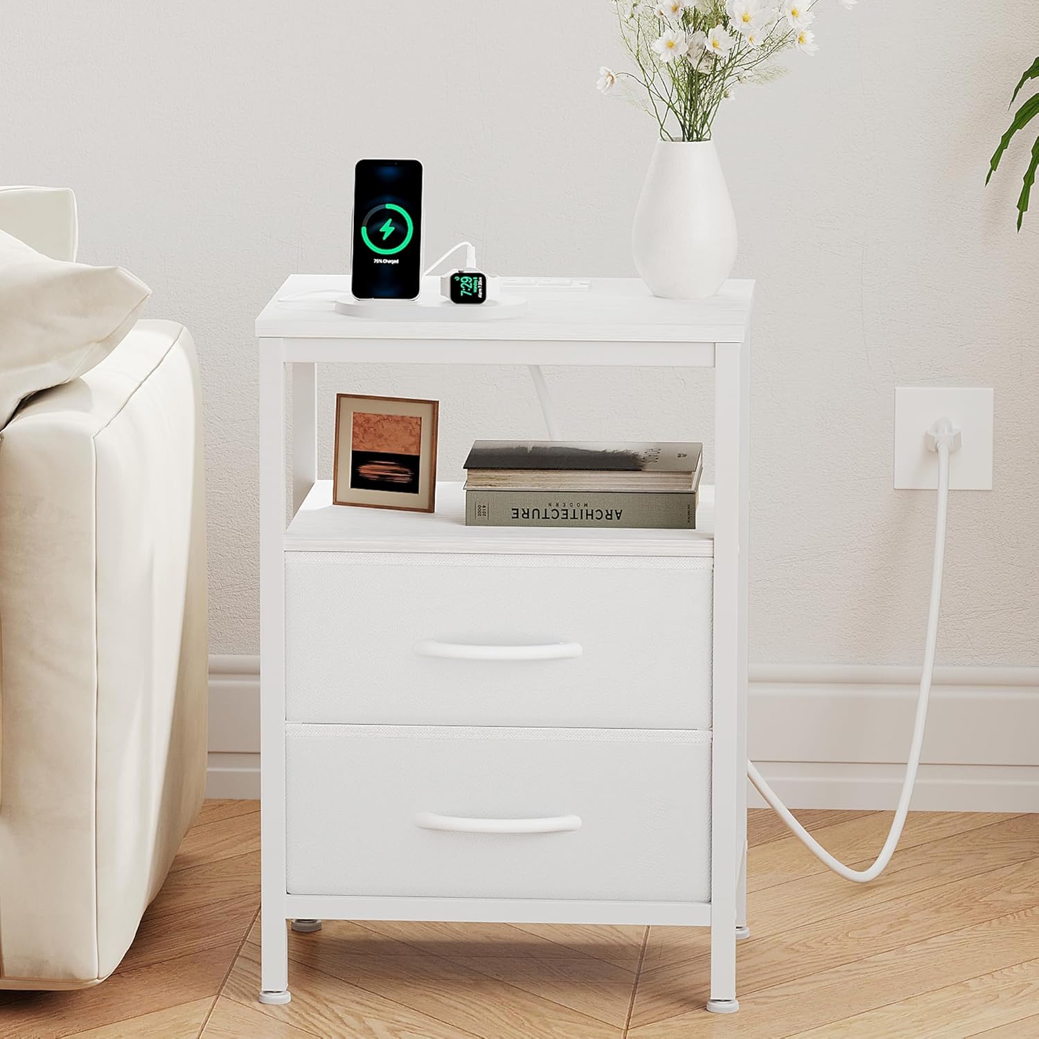 OLIXIS Nightstand with Charging Station, Bedside Table with USB Ports & Type-C, 2 Fabric Drawers Night Stand with Open Shelf, Compact End Table for Bedroom, White 15.7"Dx11.8"Wx23.6"H(2 Drawers) White 1