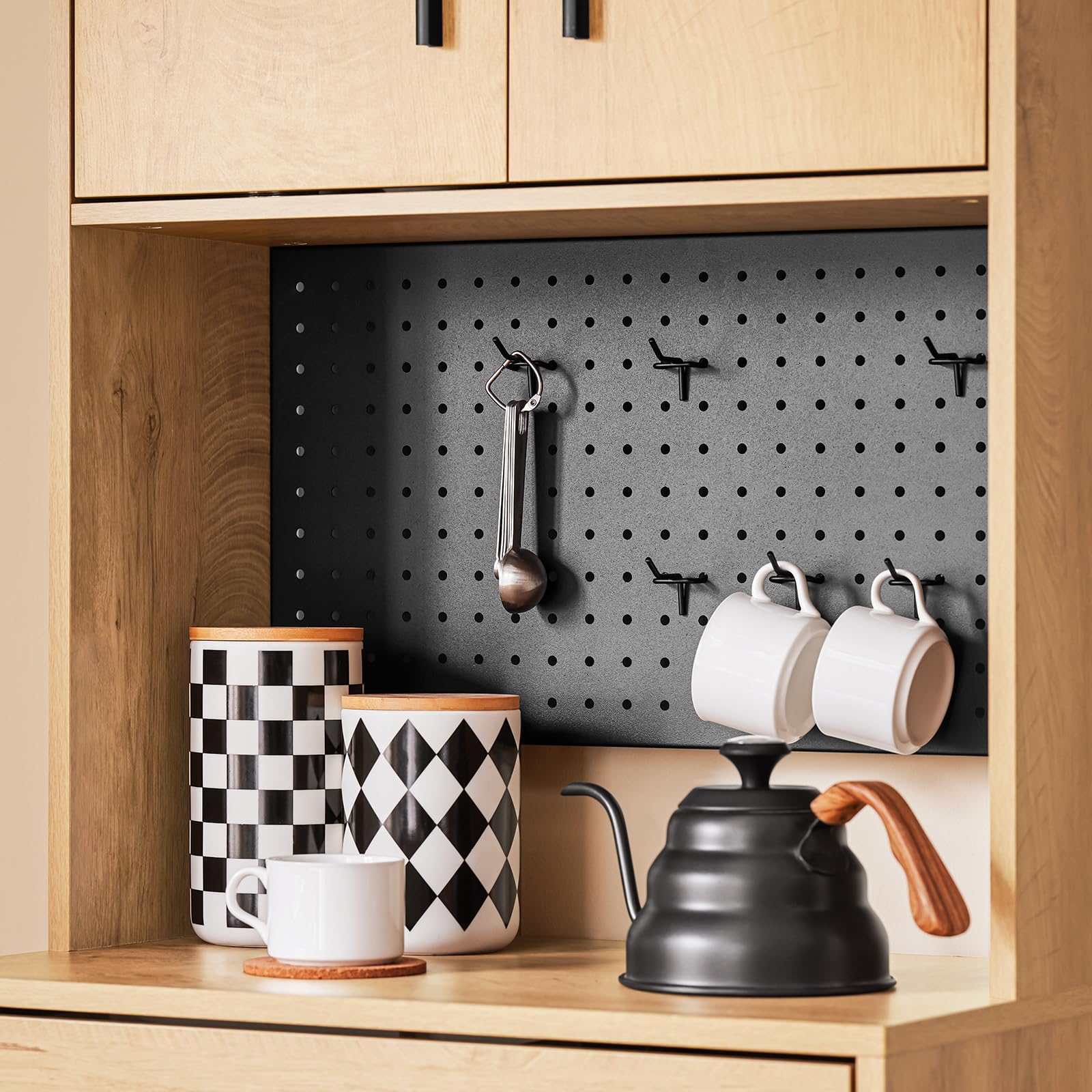 SoBuy Mikrowellenschrank mit Lochwand für Haken & Schublade, 60x170x40cm | Hochschrank mit offenem Fach & viel Stauraum, 10 kg je Fach/5 kg Schublade, PB, für Küche & Vorratsraum & Büro, FSB98-N