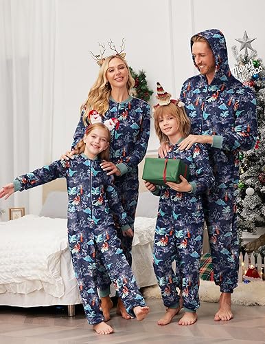 Miniatura 5 de Ekouaer Pijama de Navidad a juego para la familia, mameluco de forro polar con cremallera y bolsillos