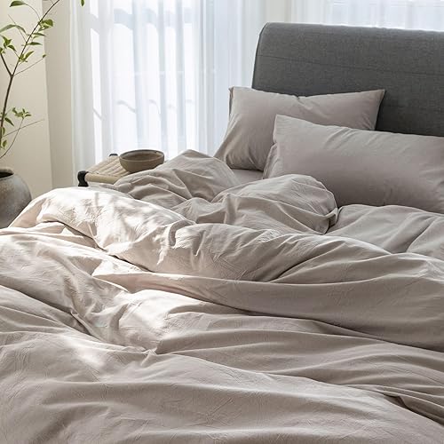Miniatura 9 de Juego de funda de edredón tamaño King refrescante de 3 piezas, 100% algodón lavado con textura similar al lino, ultra suave y acogedora con cierre
