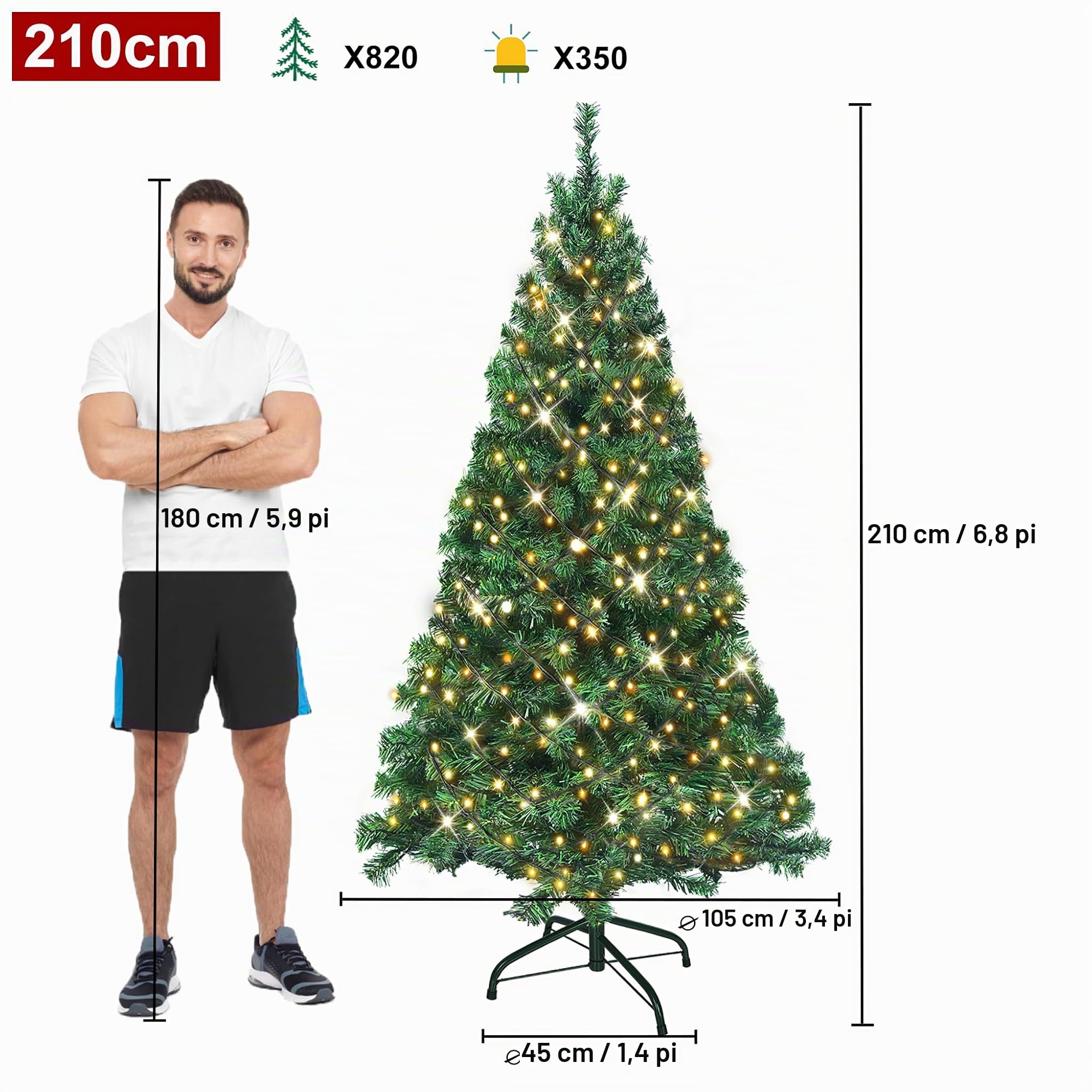 UISEBRT Sapin de Noël Artificiel avec Lumineux LED, Support en Métal 350 Lumières, Sapin Artificiel en PVC pour Décoration de Noël (210cm)