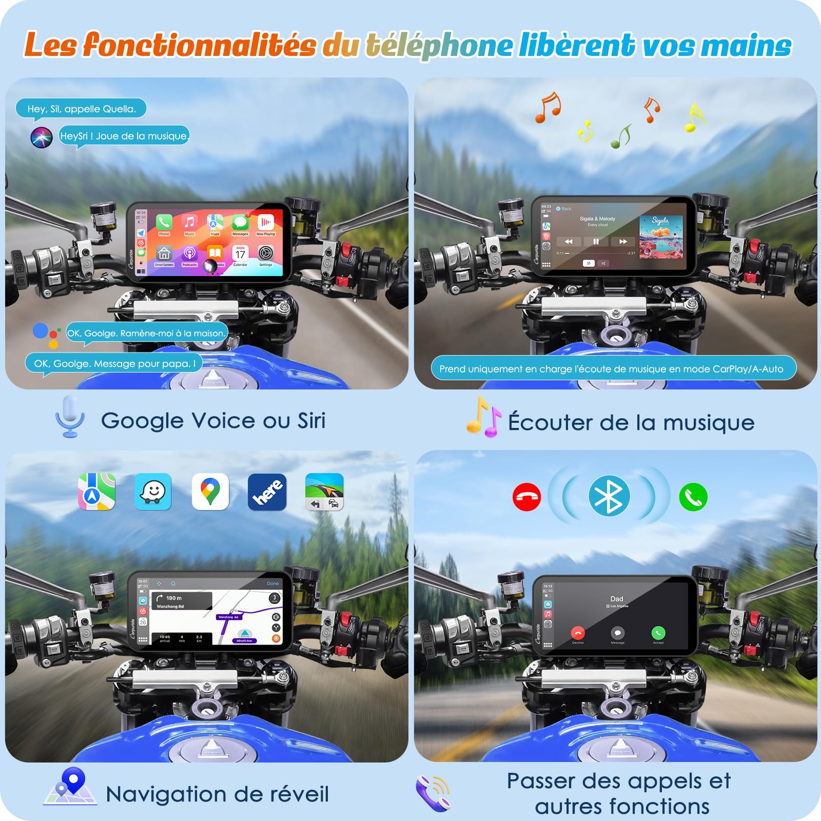 Carpuride W603 Écran Carplay pour Moto, CarPlay sans Fil et Android Auto pour Moto, Télécommande, Écran Tactile Étanche de 6,3 Pouces, Audio BT, Navigation GPS, Siri, Assistant G00gle